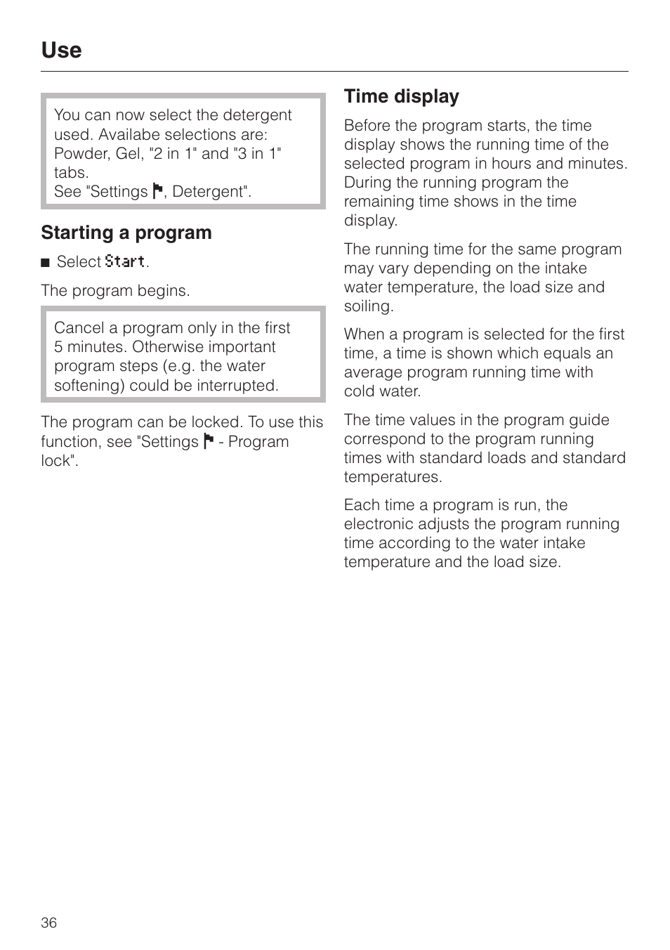 Starting a program 36, Time display 36, Starting a program | Time display | Miele LaPerla G 2830 SCi User Manual | Page 36 / 80