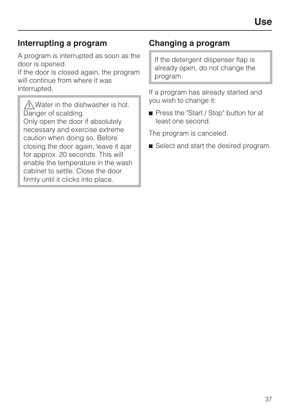 Interrupting a program 37, Changing a program 37 | Miele G 5515 User Manual | Page 37 / 68