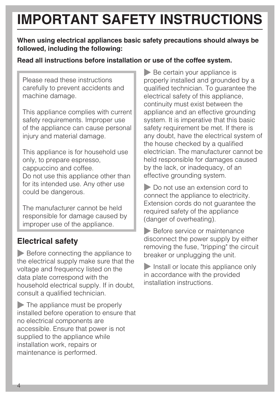 Important safety instructions 4, Important safety instructions | Miele CVA 4070 User Manual | Page 4 / 64