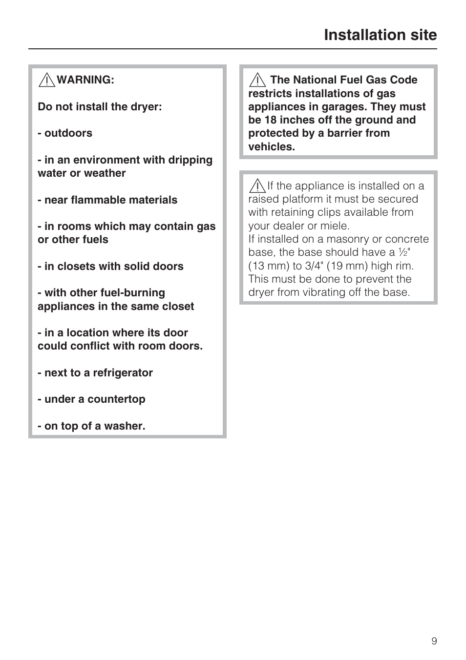 Installation site 9, Installation site | Miele T 9822 User Manual | Page 9 / 28