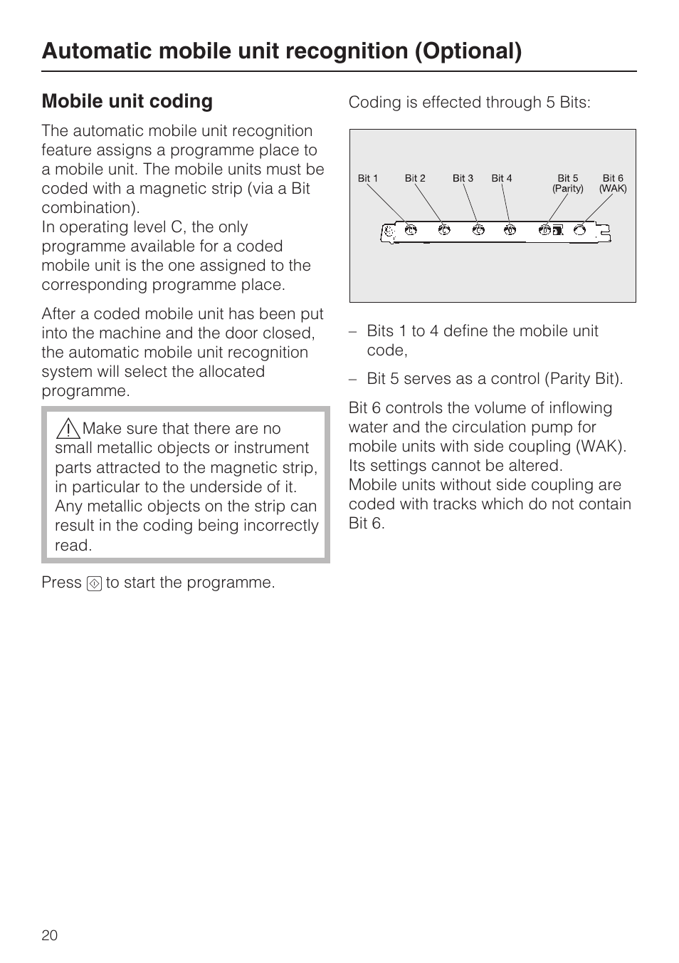 Mobile unit coding 20, Automatic mobile unit recognition (optional), Mobile unit coding | Miele G 7823 User Manual | Page 20 / 68