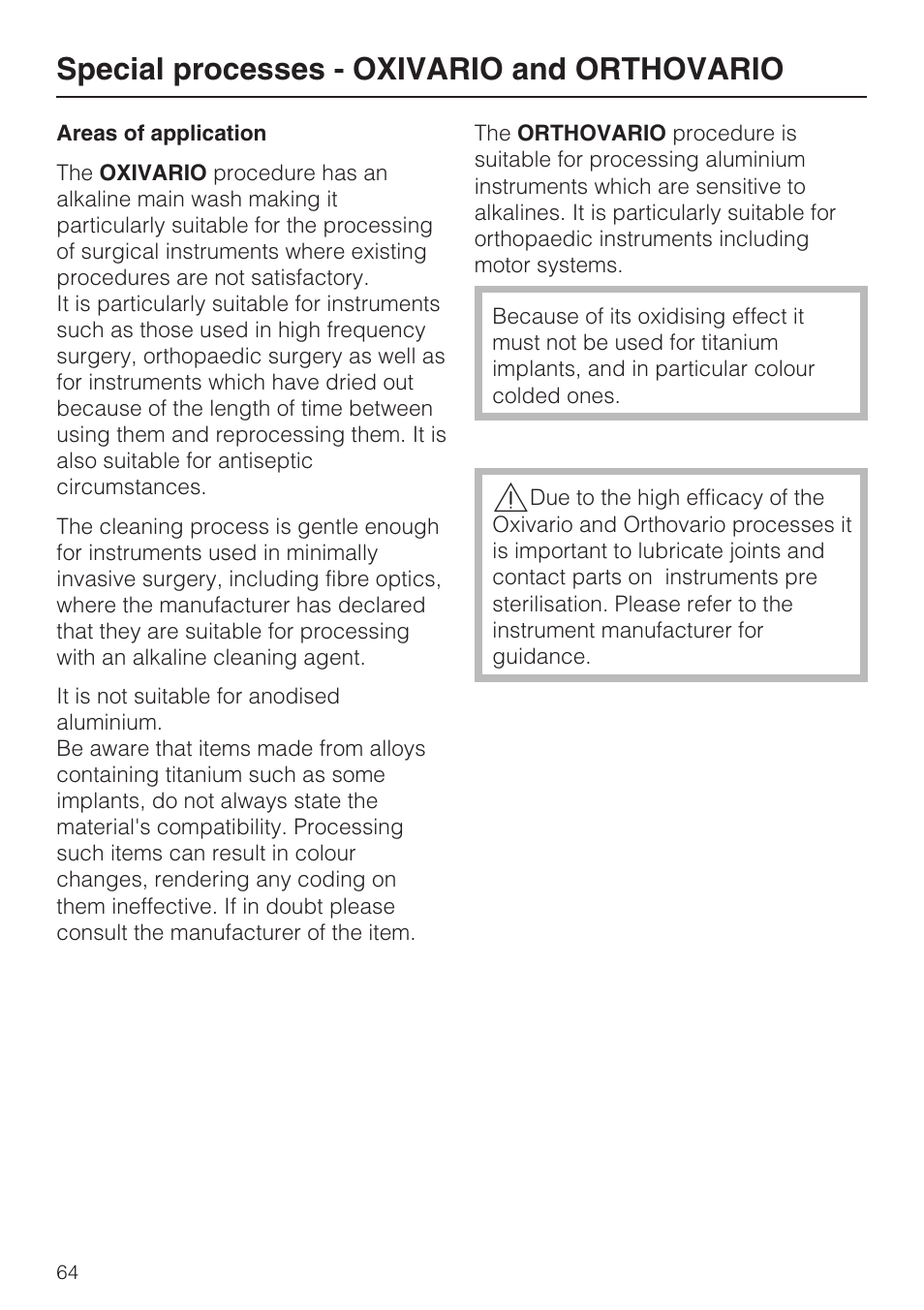 Areas of application 64, Special processes - oxivario and orthovario | Miele G 7823 User Manual | Page 64 / 68