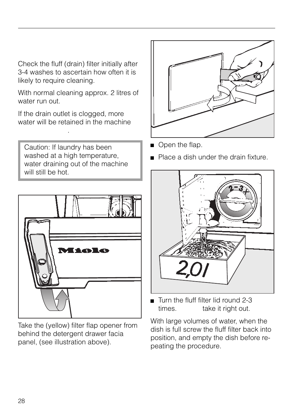 User maintenance cleaning and care, Cleaning the fluff (drain) filter and pump | Miele NOVOTRONIC W 1926 User Manual | Page 28 / 48