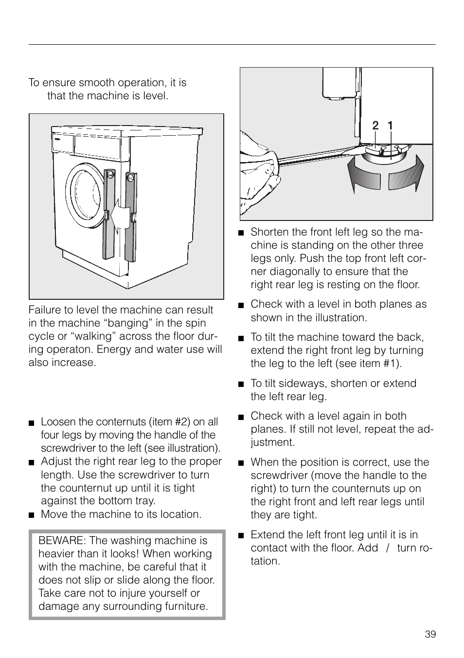 Installation instructions, Levelling the machine | Miele NOVOTRONIC W 1926 User Manual | Page 39 / 48