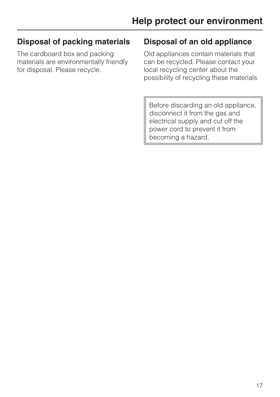 Help protect our environment 17, Help protect our environment | Miele KM 320 User Manual | Page 17 / 20