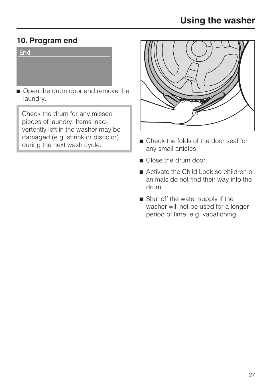 Program end 27, Using the washer, Program end | Miele TOUCHTRONIC W 4842 User Manual | Page 27 / 60