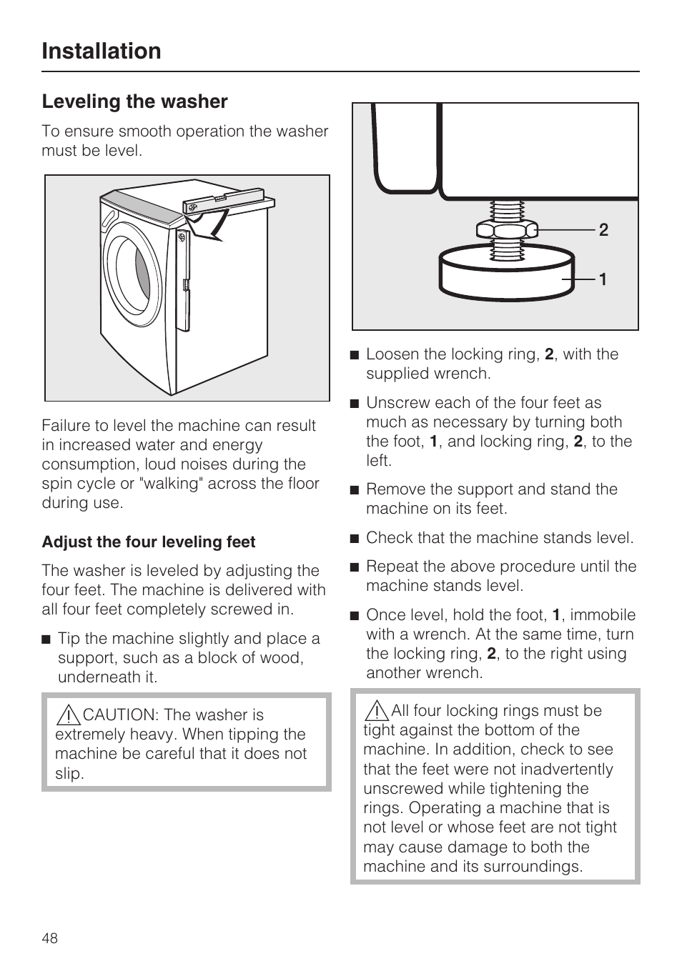 Leveling the washer 48, Installation, Leveling the washer | Miele TOUCHTRONIC W 4842 User Manual | Page 52 / 60