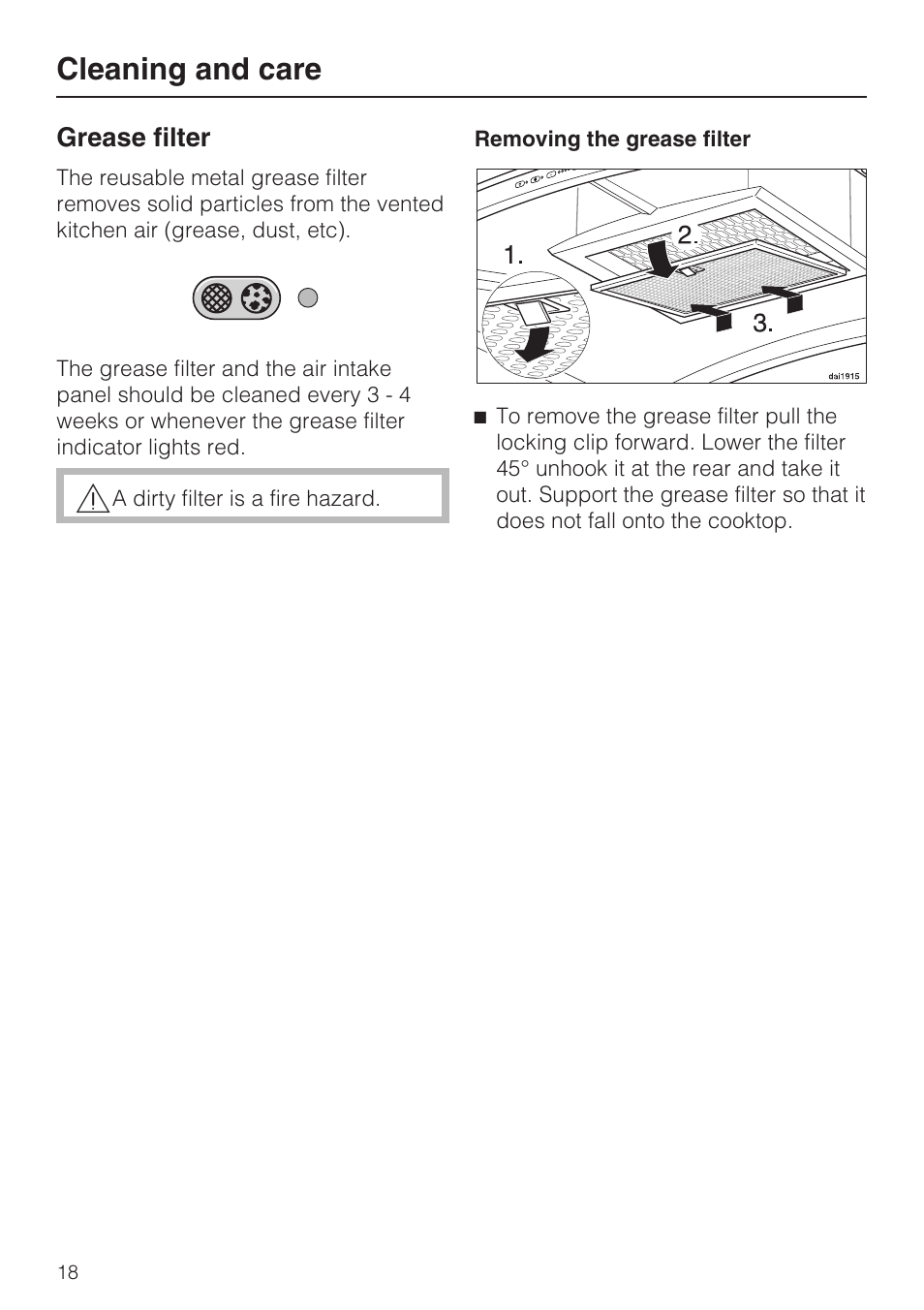 Grease filter 18, Cleaning and care | Miele DA 5100 D User Manual | Page 18 / 36