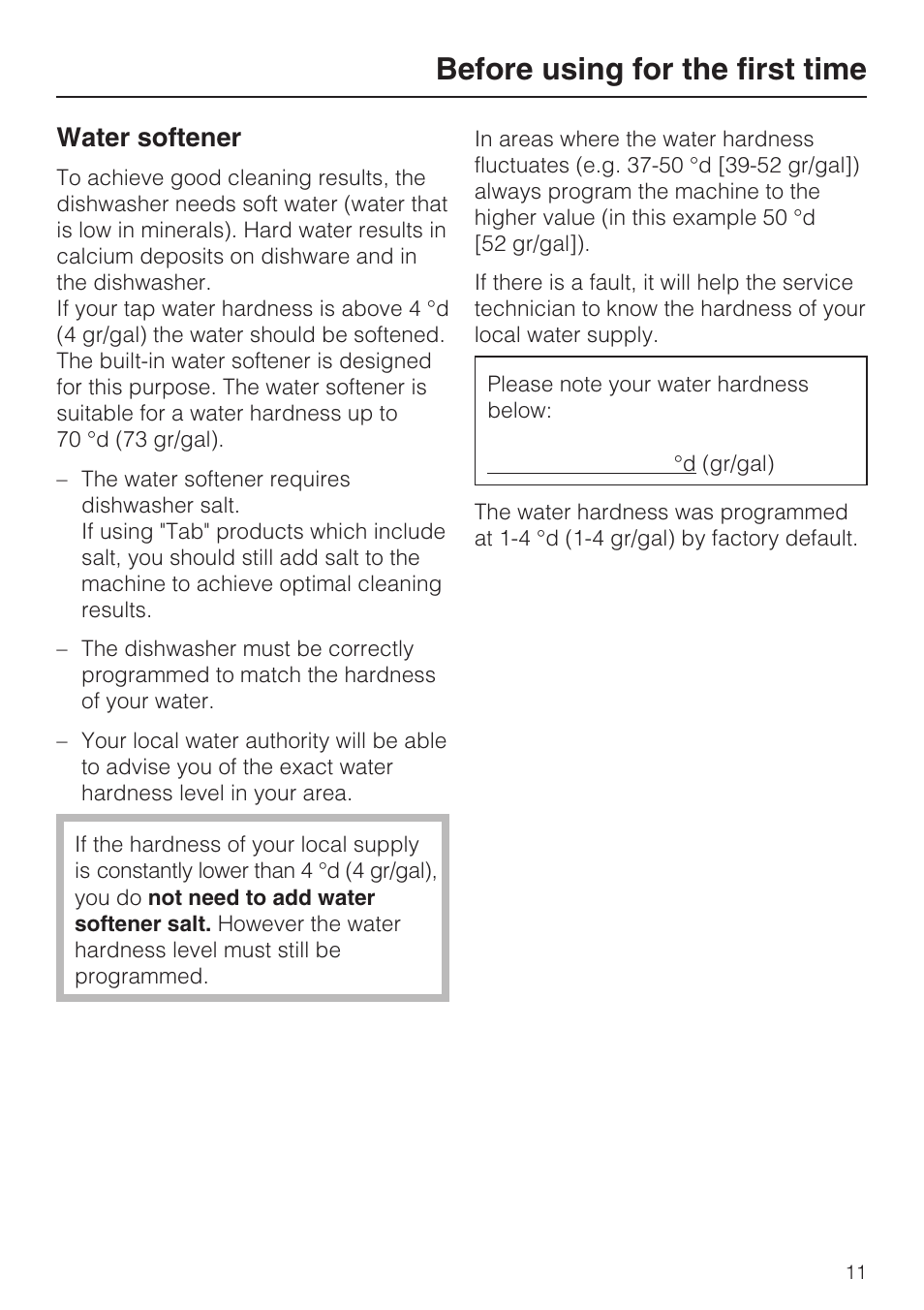 Water softener 11, Before using for the first time, Water softener | Miele G 4570 User Manual | Page 11 / 60