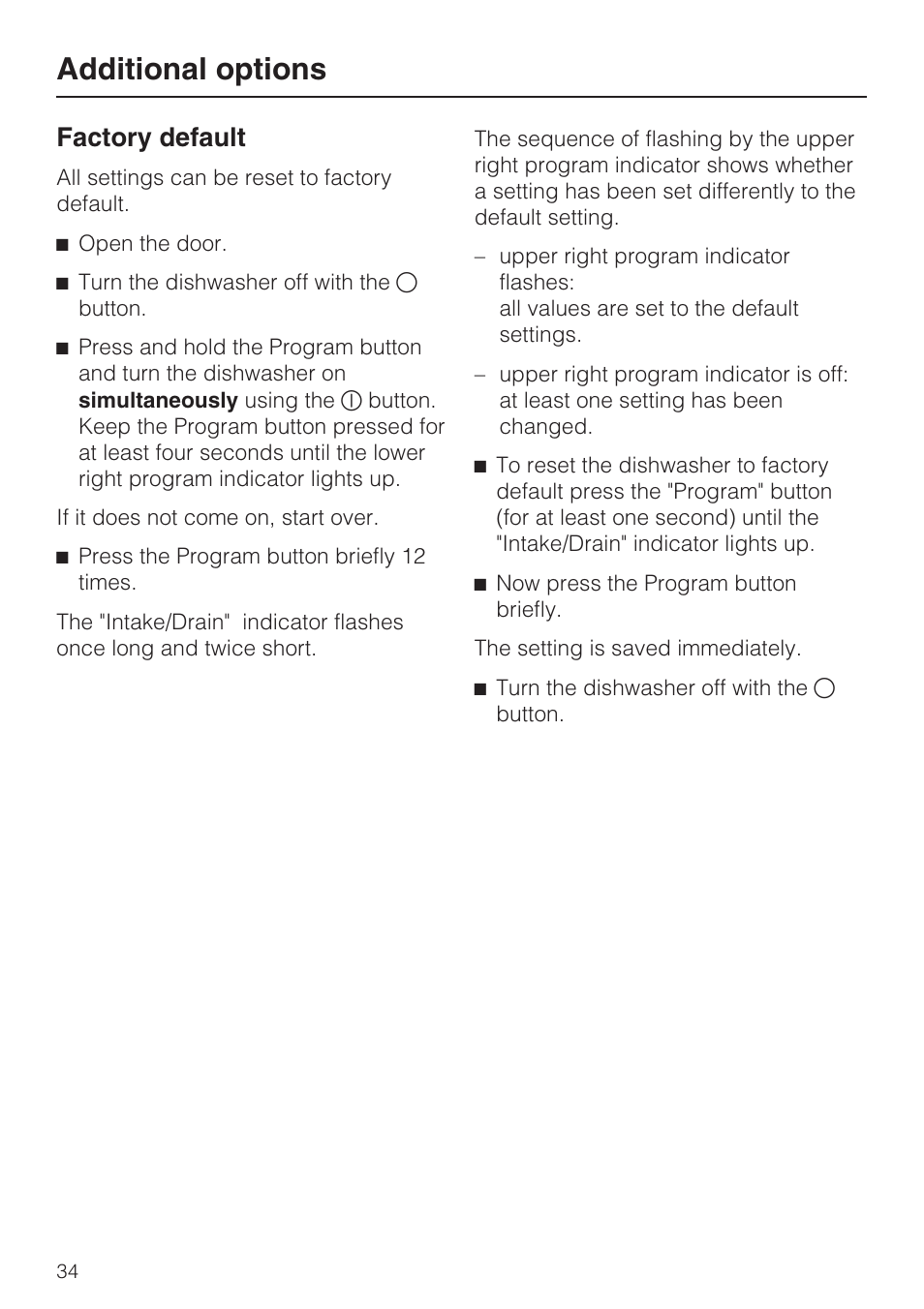 Factory default 34, Additional options, Factory default | Miele G 4570 User Manual | Page 34 / 60