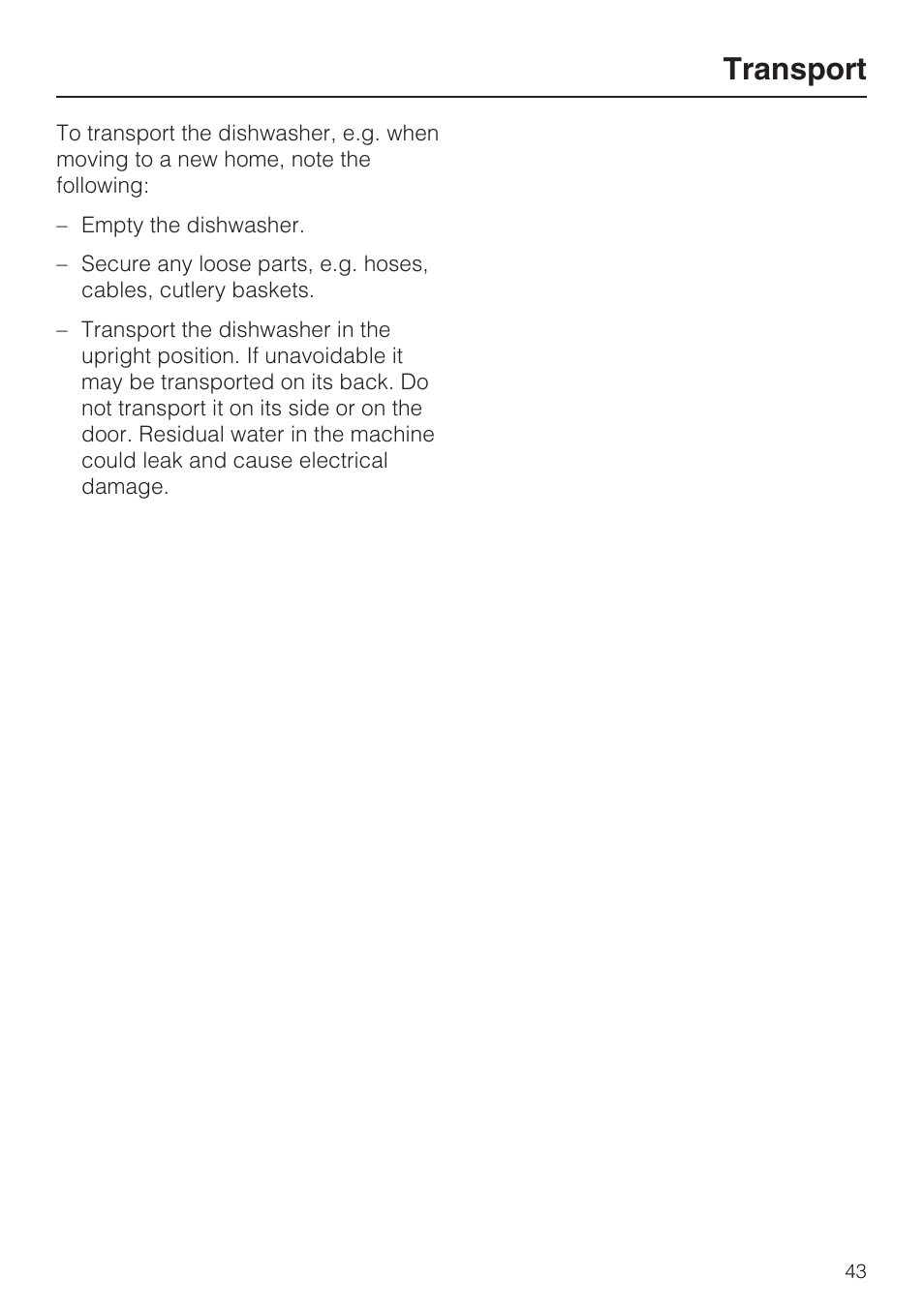 Transport 43, Transport | Miele G 4570 User Manual | Page 43 / 60