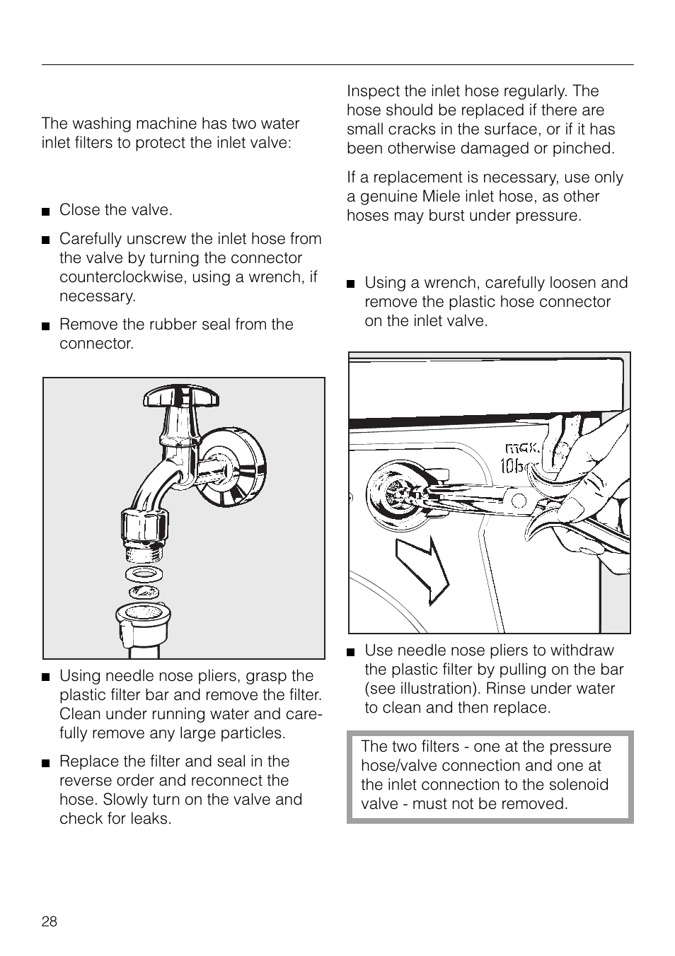 Cleaning and care, Cleaning the water inlet filter | Miele NOVOTRONIC W 1903 User Manual | Page 28 / 44