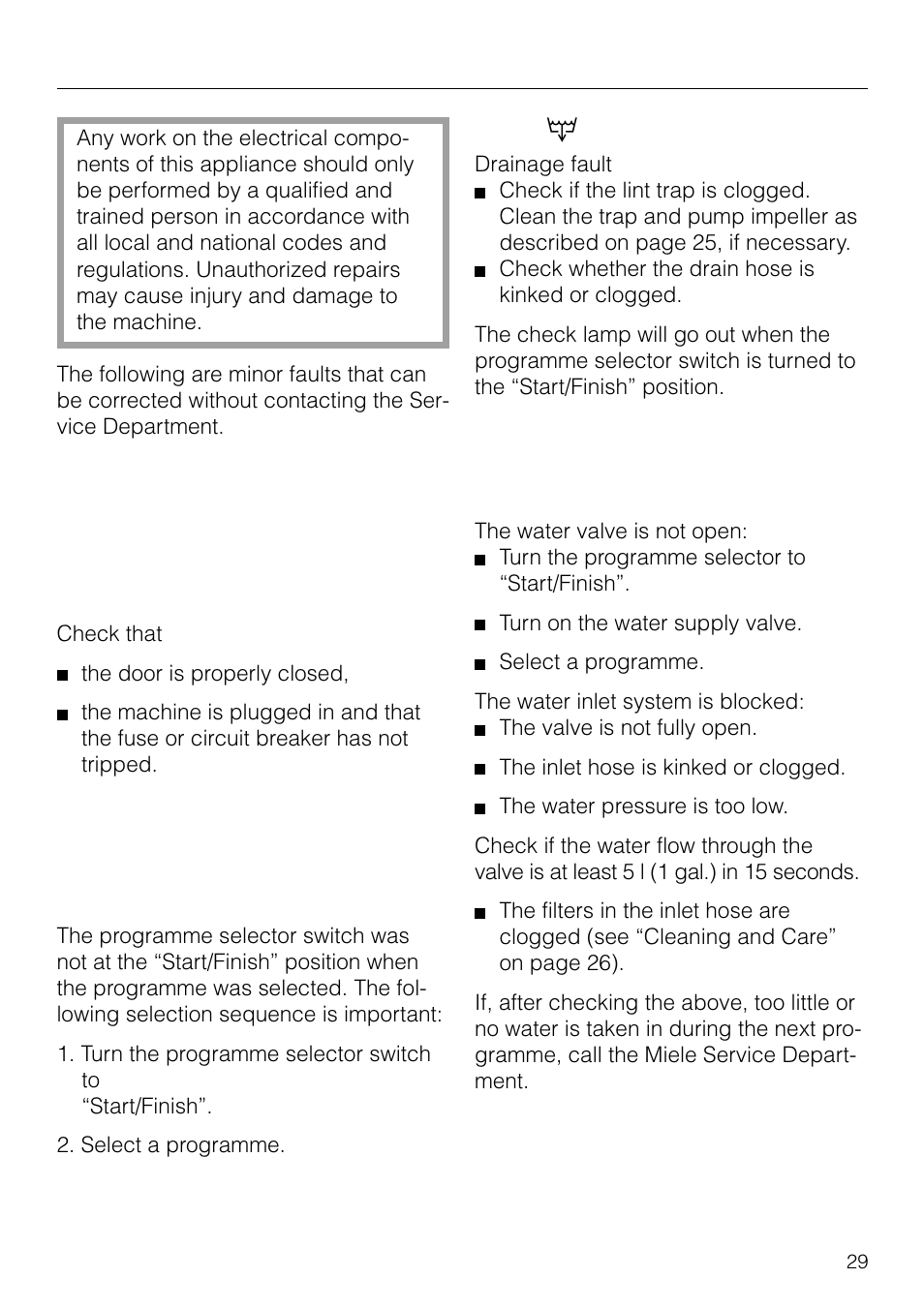 Problem solving guide, A selected programme does not begin | Miele NOVOTRONIC W 1903 User Manual | Page 29 / 44