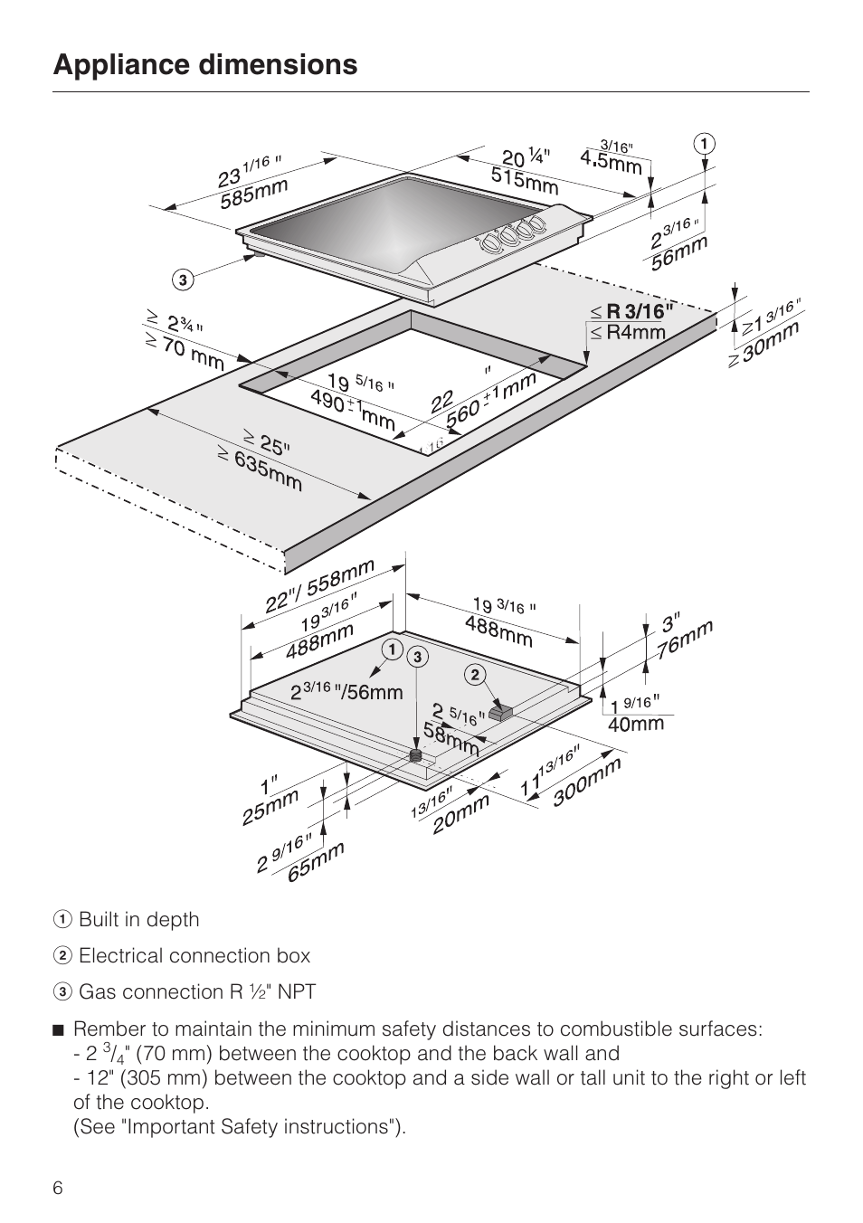 Appliance dimensions 6, Appliance dimensions | Miele KM 360 User Manual | Page 6 / 16