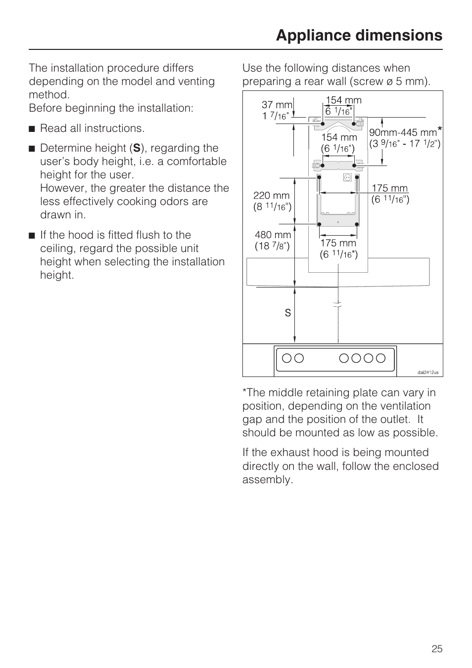 Appliance dimensions | Miele DA5990W User Manual | Page 25 / 36