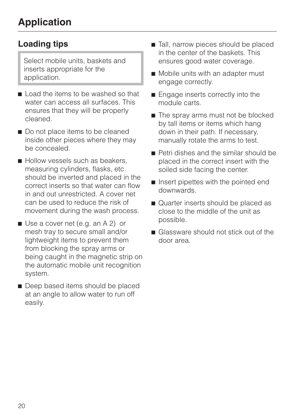 Application, Loading tips | Miele G 7827 User Manual | Page 20 / 48