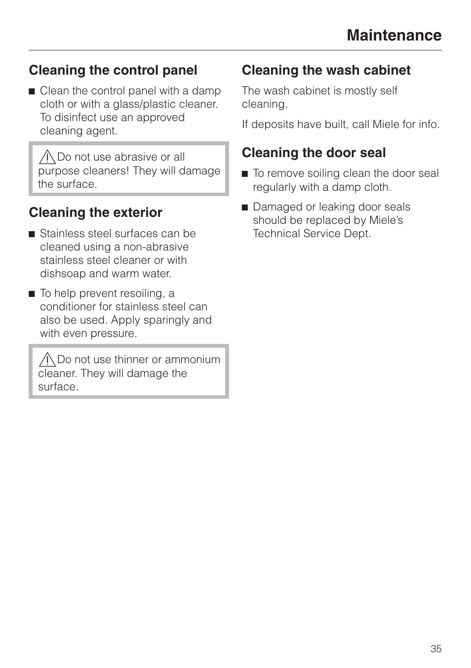 Cleaning the control panel 35, Cleaning the exterior 35, Cleaning the wash cabinet 35 | Cleaning the door seal 35, Maintenance | Miele G 7827 User Manual | Page 35 / 48