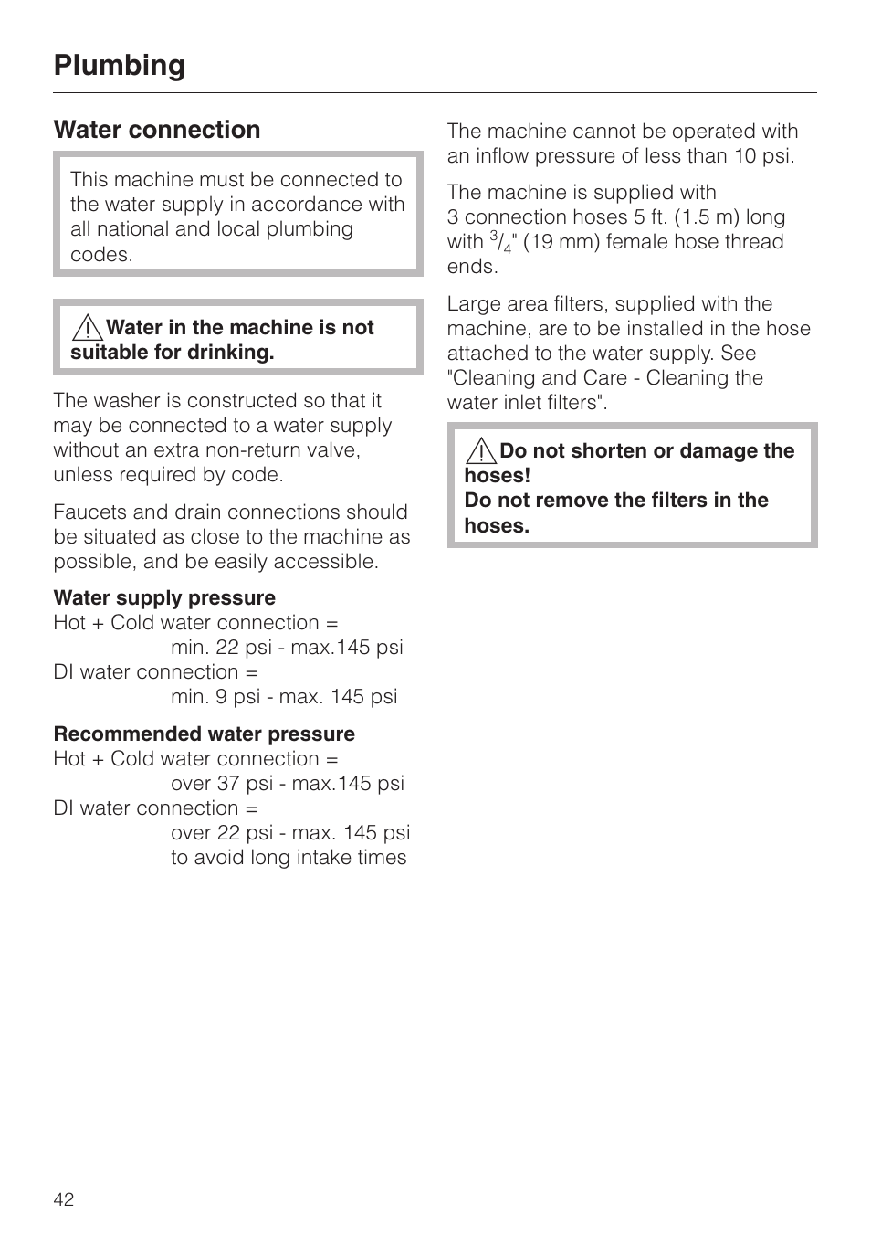 Plumbing 42, Water connection 42, Plumbing | Water connection | Miele G 7827 User Manual | Page 42 / 48