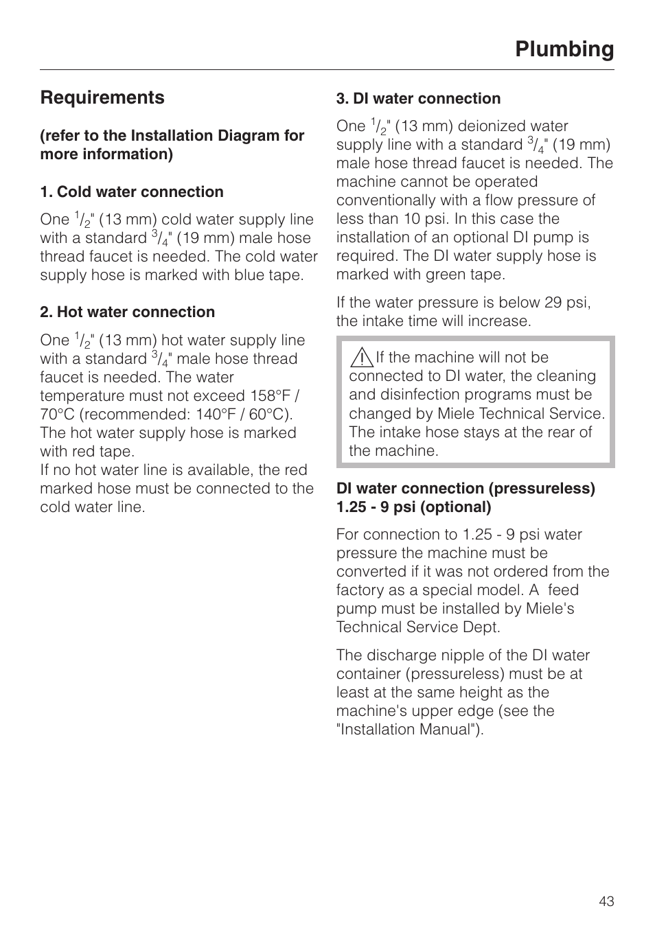 Plumbing, Requirements | Miele G 7827 User Manual | Page 43 / 48