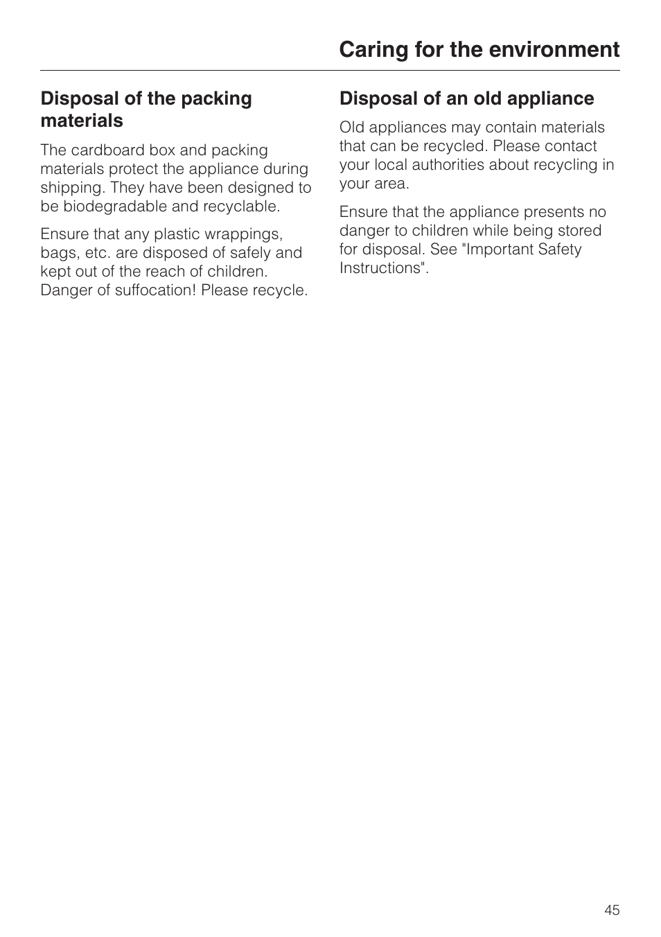 Caring for the environment 45, Caring for the environment | Miele G 7827 User Manual | Page 45 / 48