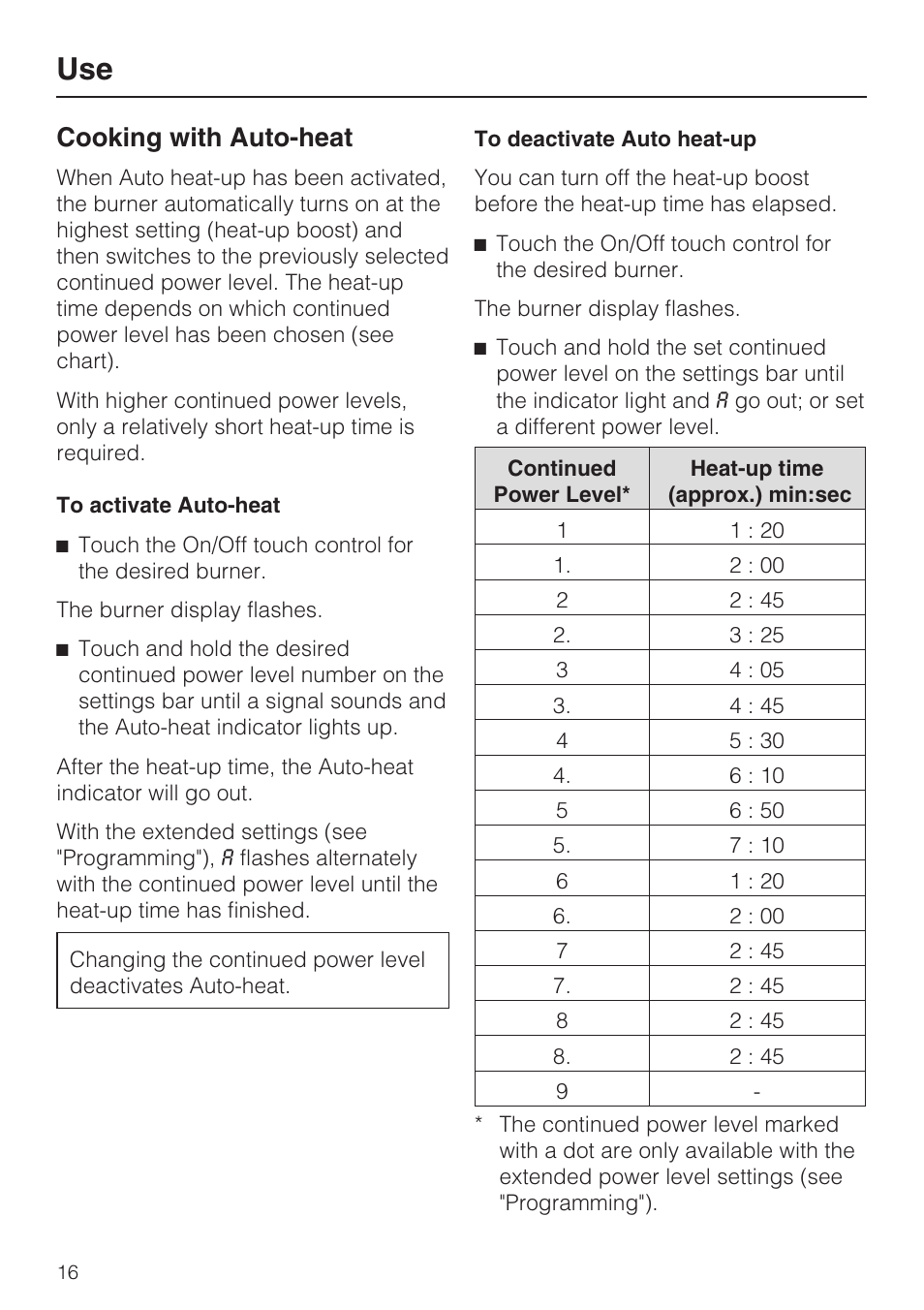 Cooking with auto-heat 16, Cooking with auto-heat | Miele KM 5820 User Manual | Page 16 / 52