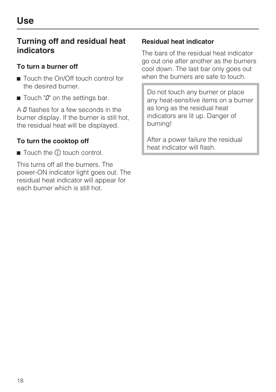 Turning off and residual heat indicators 18, Turning off and residual heat indicators | Miele KM 5820 User Manual | Page 18 / 52