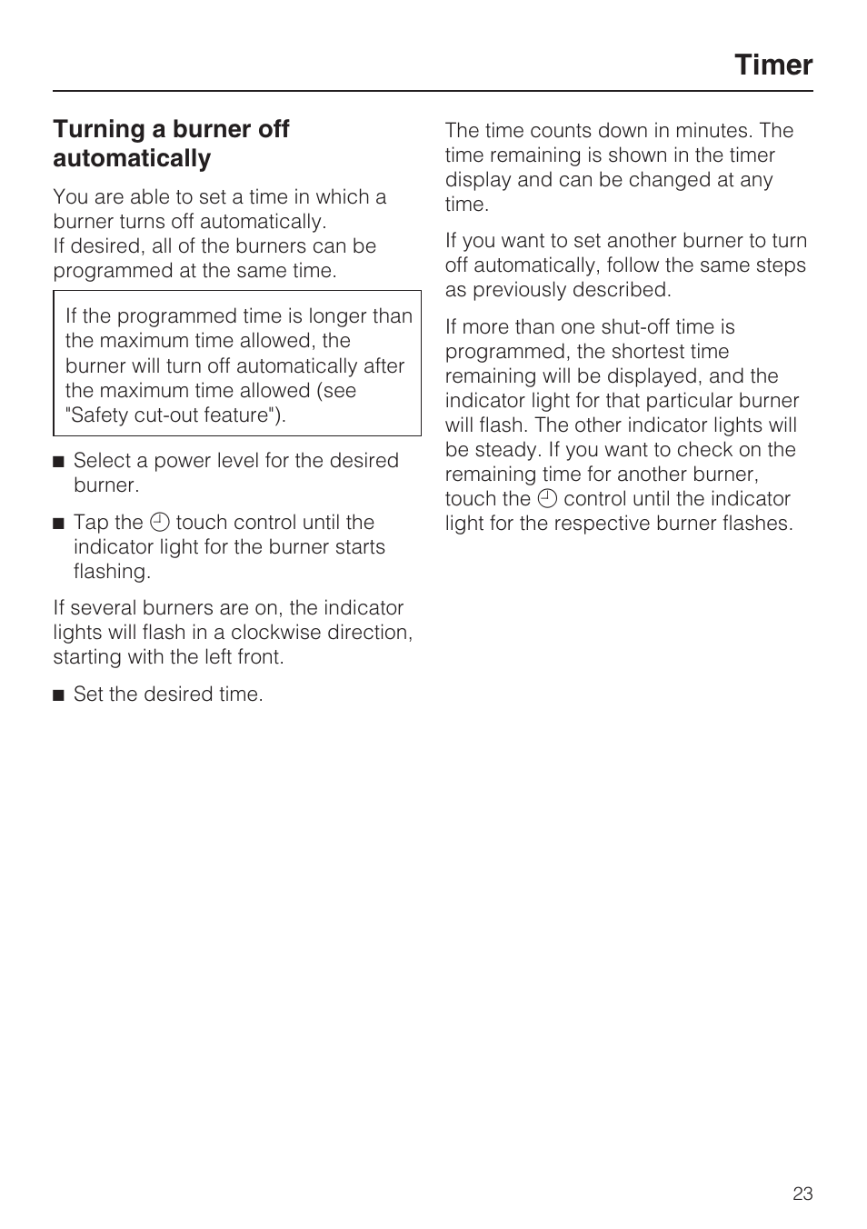 Turning a burner off automatically 23, Timer, Turning a burner off automatically | Miele KM 5820 User Manual | Page 23 / 52