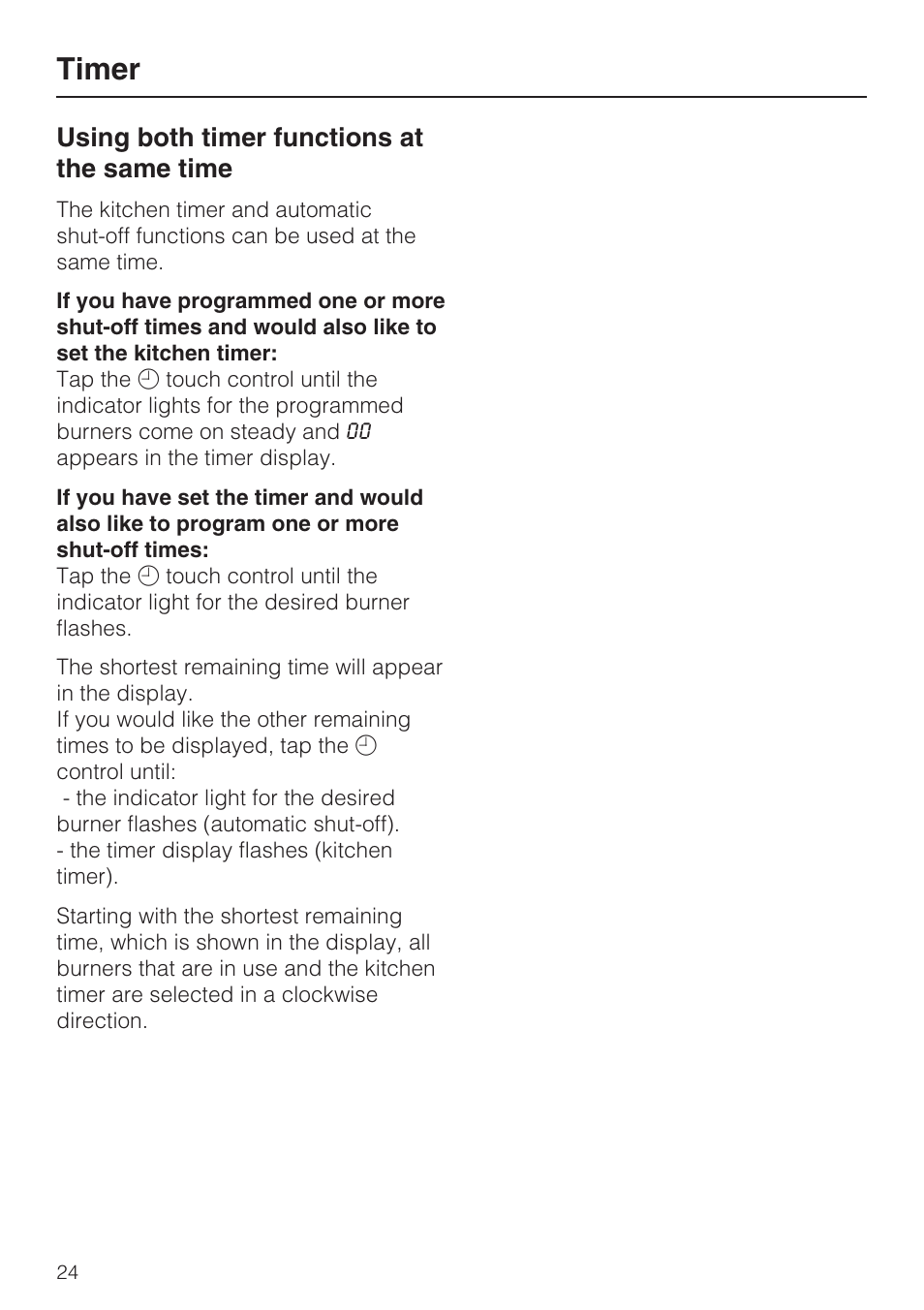 Using both timer functions at the same time 24, Timer, Using both timer functions at the same time | Miele KM 5820 User Manual | Page 24 / 52