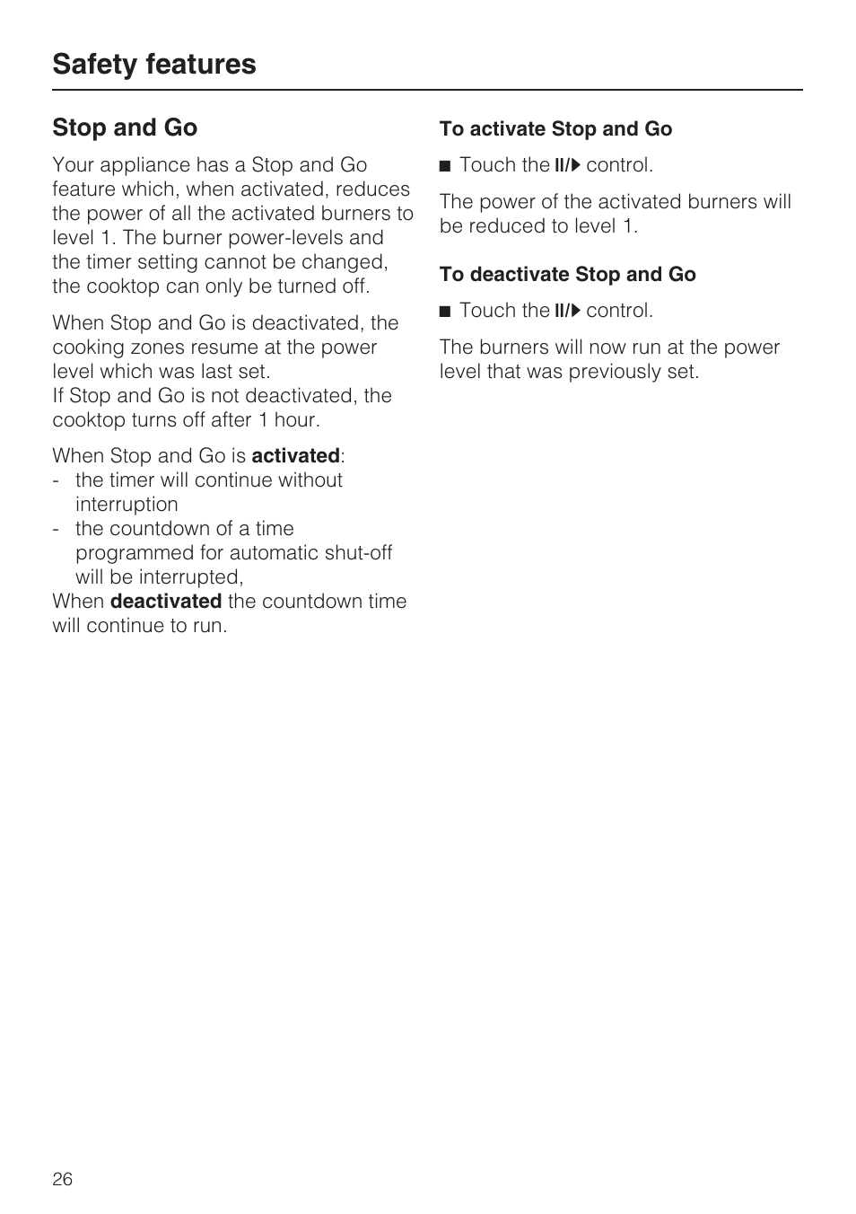 Stop and go 26, Safety features, Stop and go | Miele KM 5820 User Manual | Page 26 / 52