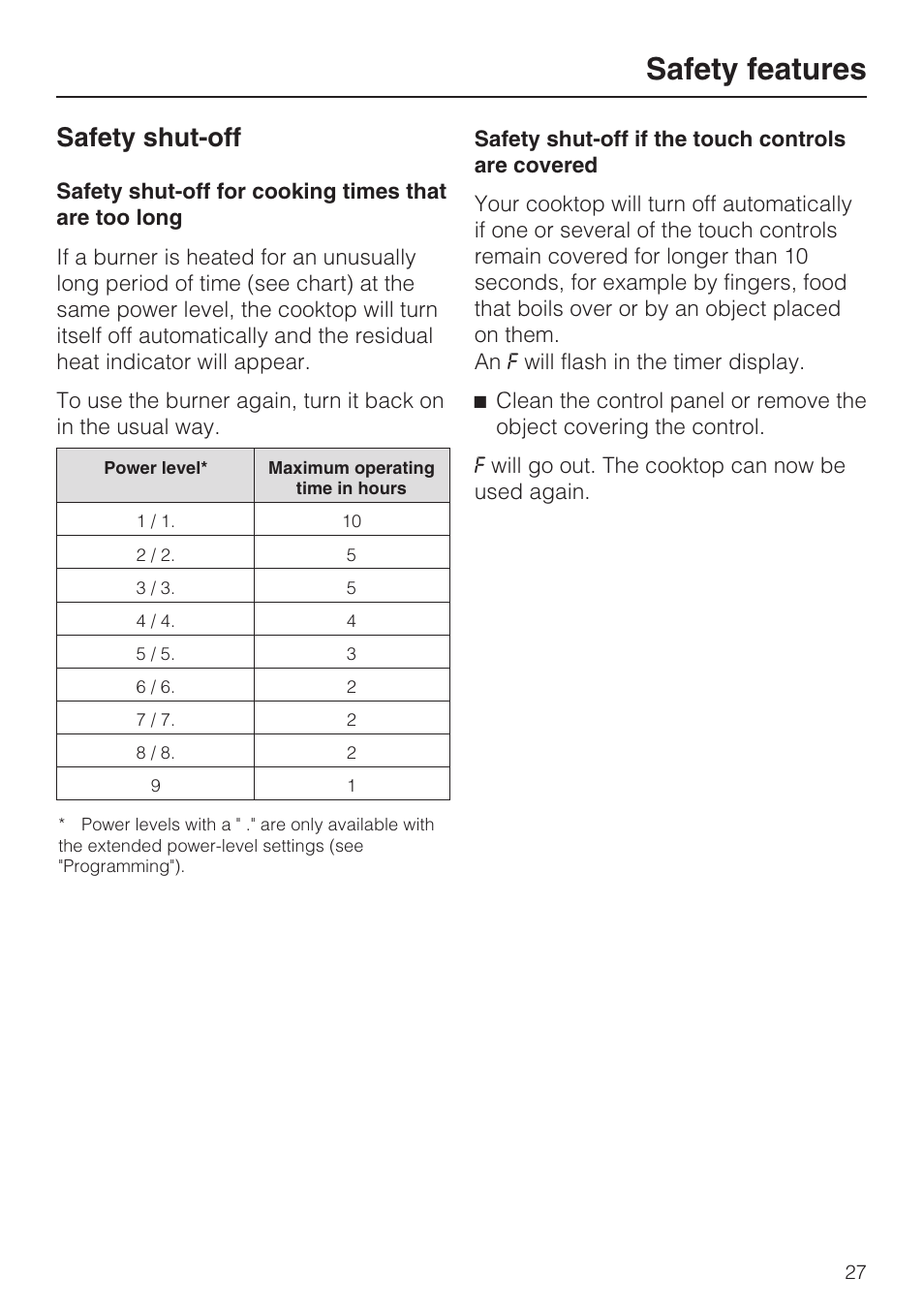 Safety shut-off 27, Safety features, Safety shut-off | Miele KM 5820 User Manual | Page 27 / 52