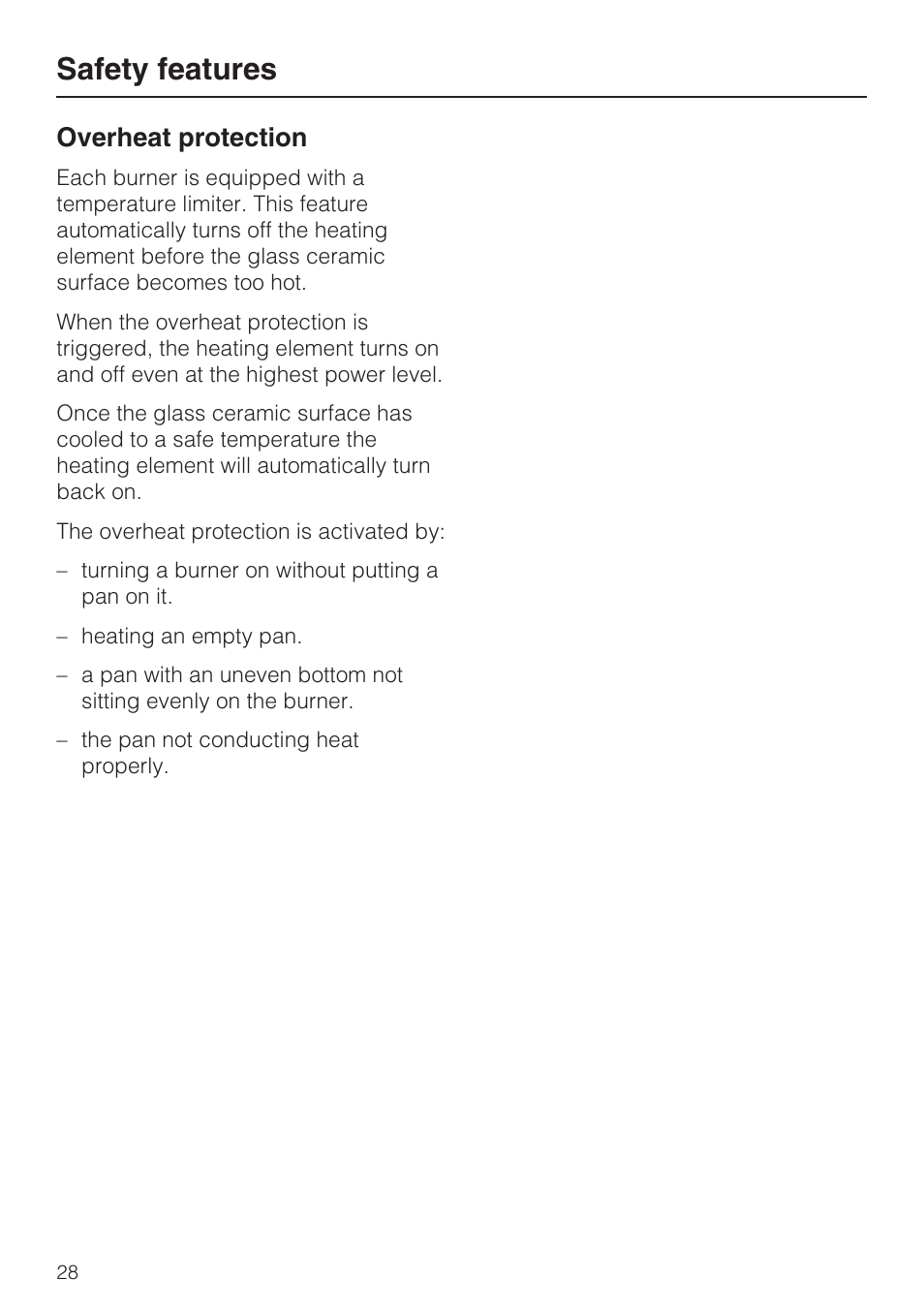 Overheat protection 28, Safety features, Overheat protection | Miele KM 5820 User Manual | Page 28 / 52