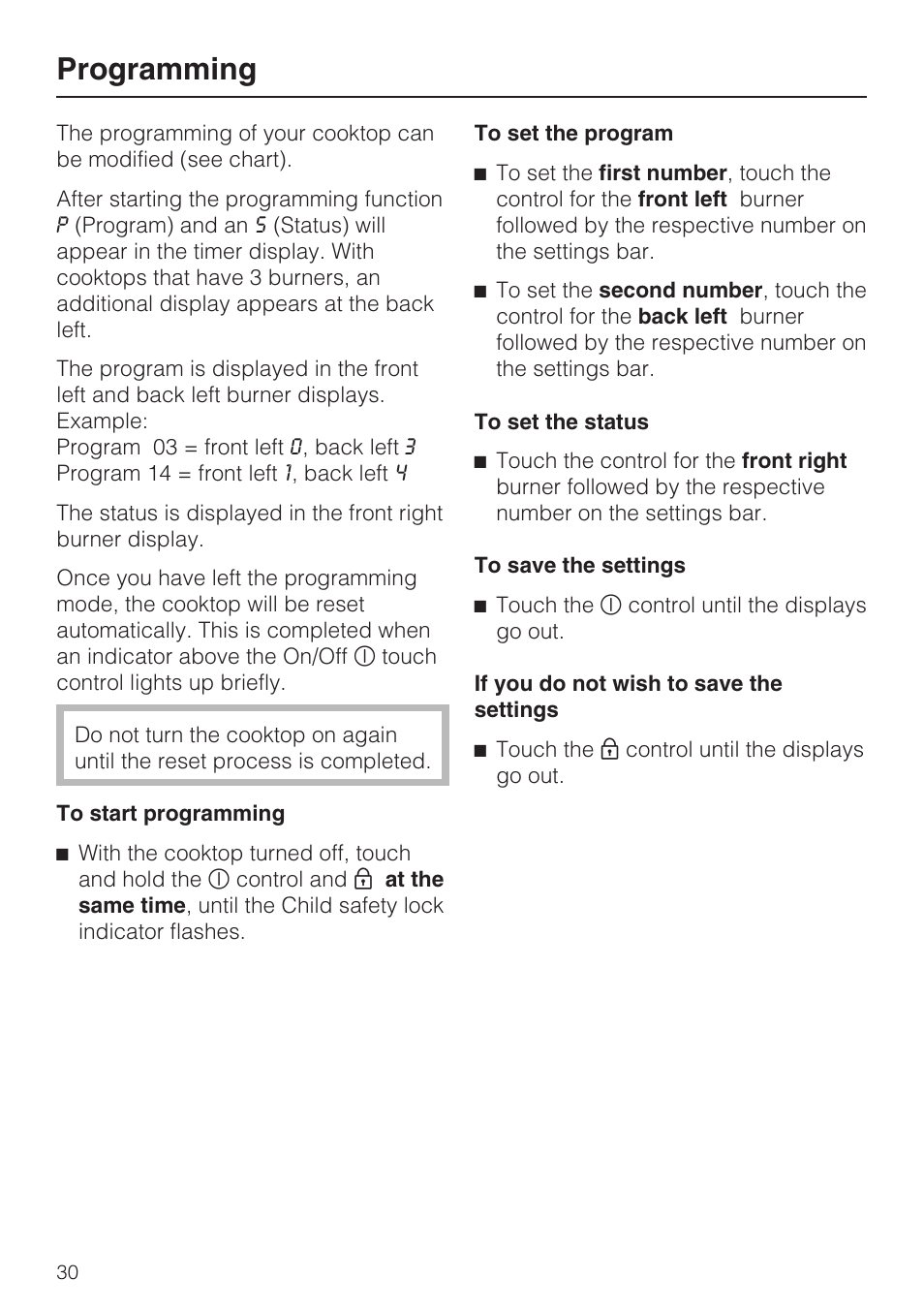 Programming 30, Programming | Miele KM 5820 User Manual | Page 30 / 52