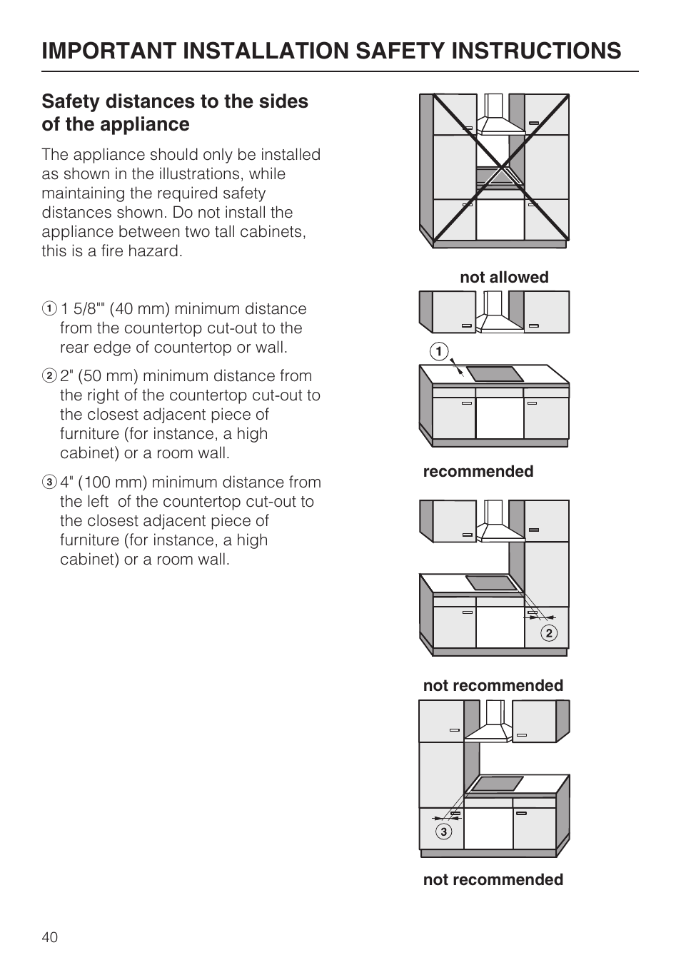 Important installation safety instructions, Safety distances to the sides of the appliance | Miele KM 5820 User Manual | Page 40 / 52