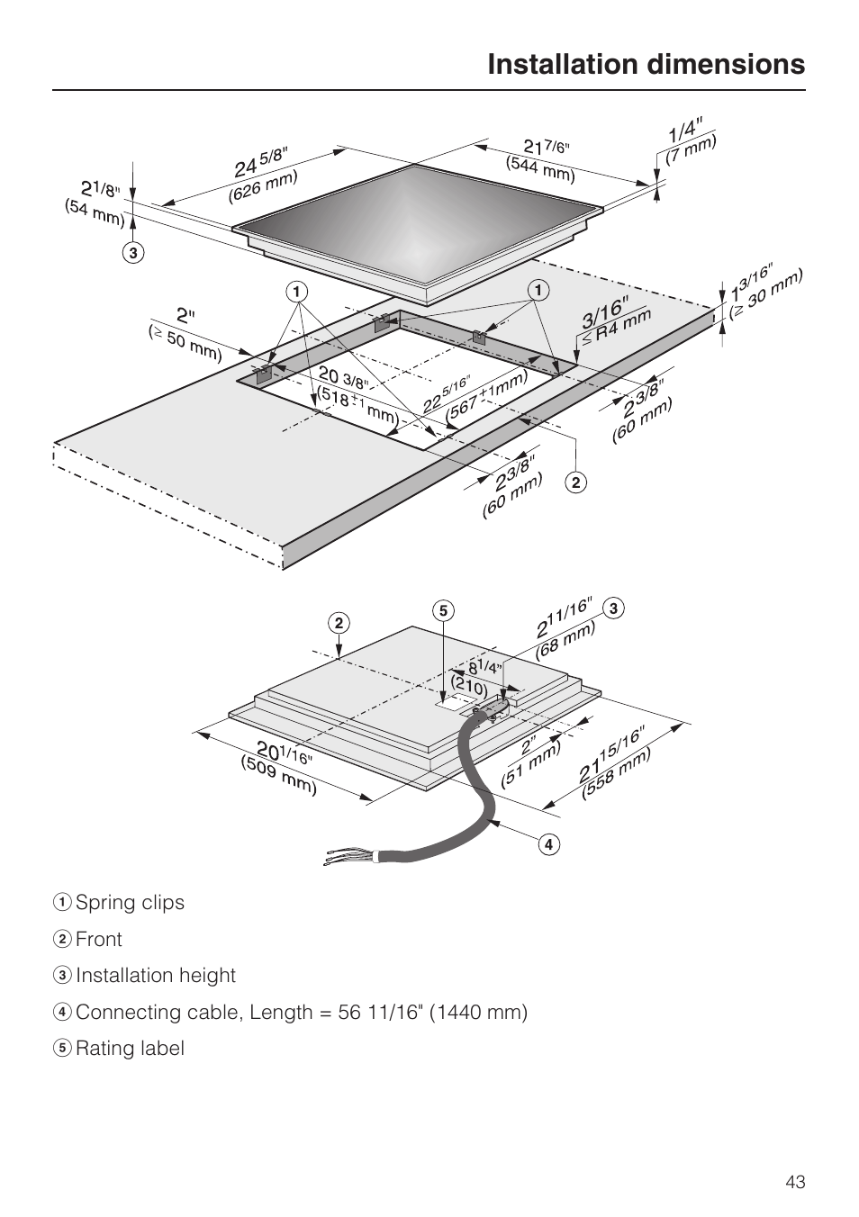 Installation dimensions 43, Installation dimensions | Miele KM 5820 User Manual | Page 43 / 52