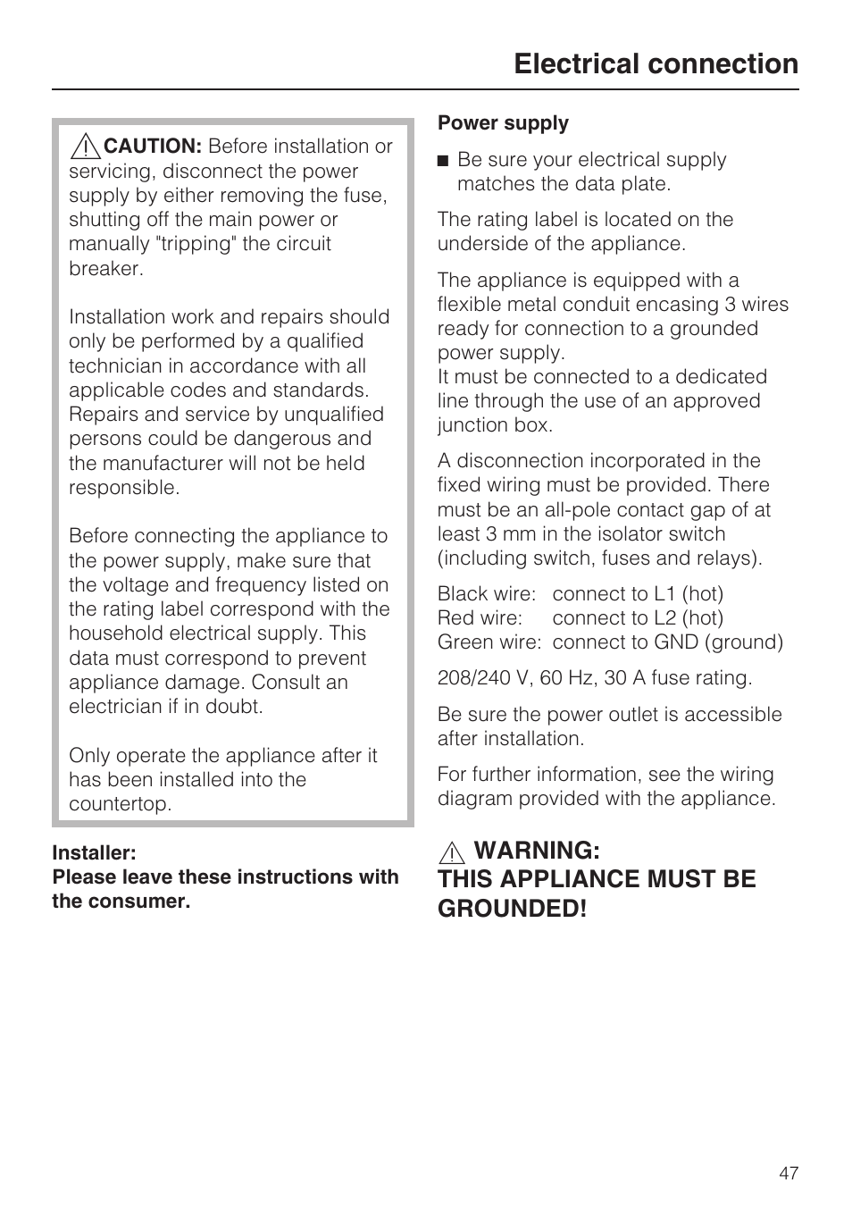 Electrical connection 47, Electrical connection, Warning: this appliance must be grounded | Miele KM 5820 User Manual | Page 47 / 52