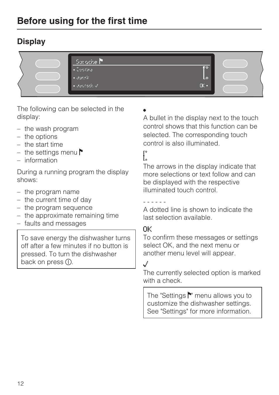 Display 12, Before using for the first time, Display | Miele G 5915 User Manual | Page 12 / 86