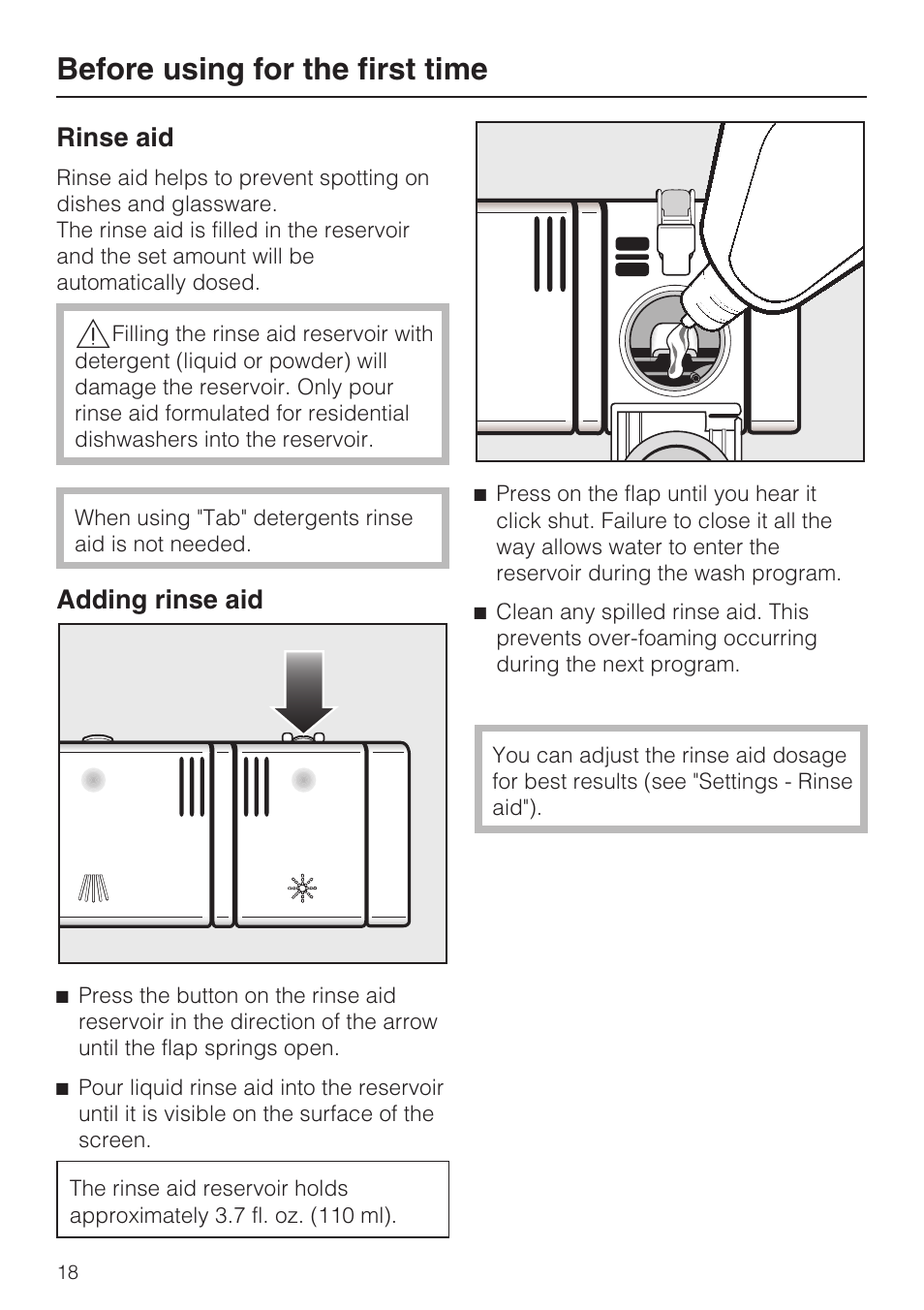 Rinse aid 18, Adding rinse aid 18, Before using for the first time | Rinse aid, Adding rinse aid | Miele G 5915 User Manual | Page 18 / 86