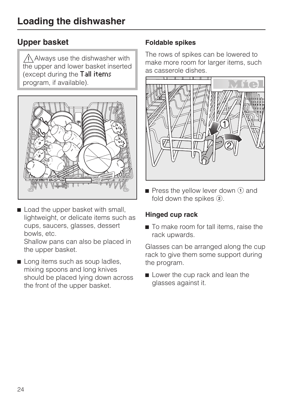 Upper basket 24, Loading the dishwasher, Upper basket | Miele G 5915 User Manual | Page 24 / 86