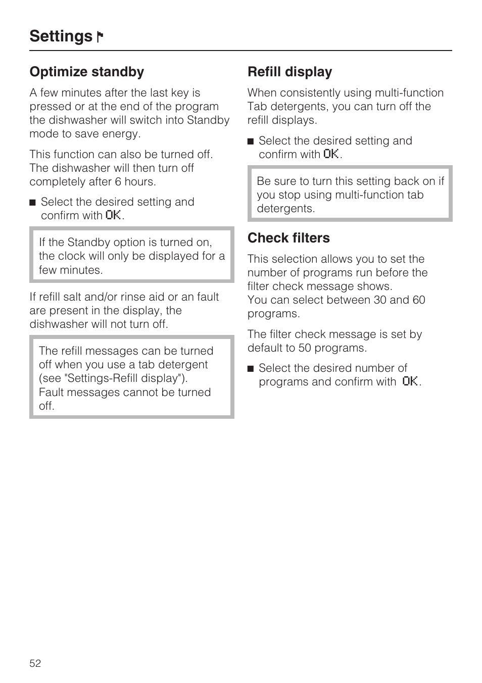 Optimize standby 52, Refill display 52, Check filters 52 | Settings, Optimize standby, Refill display, Check filters | Miele G 5915 User Manual | Page 52 / 86