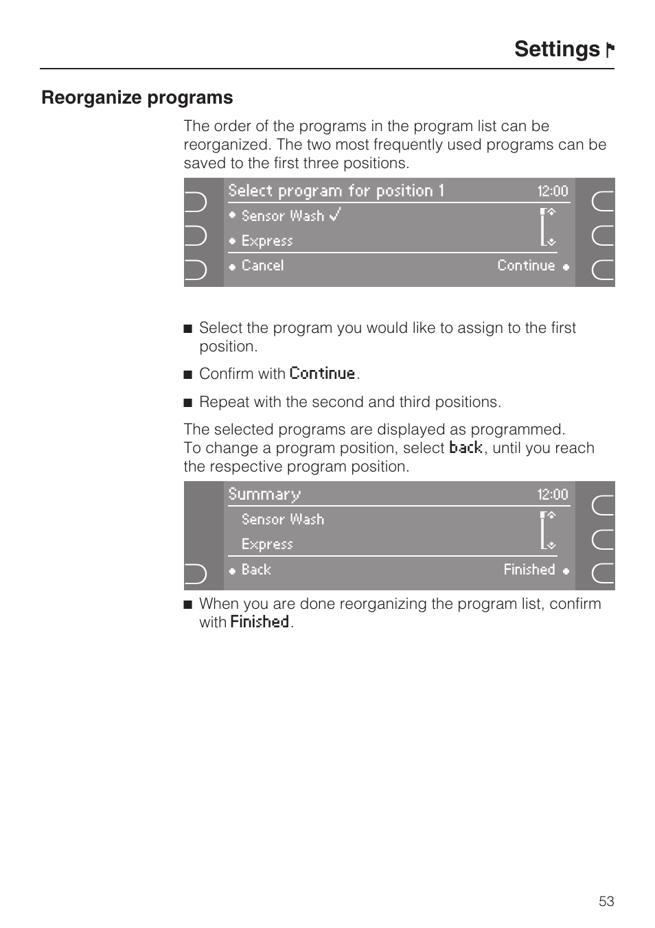 Reorganize programs 53, Settings | Miele G 5915 User Manual | Page 53 / 86