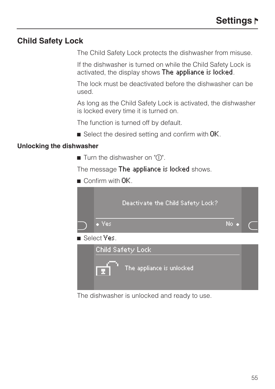 Child safety lock 55, Settings, Child safety lock | Miele G 5915 User Manual | Page 55 / 86