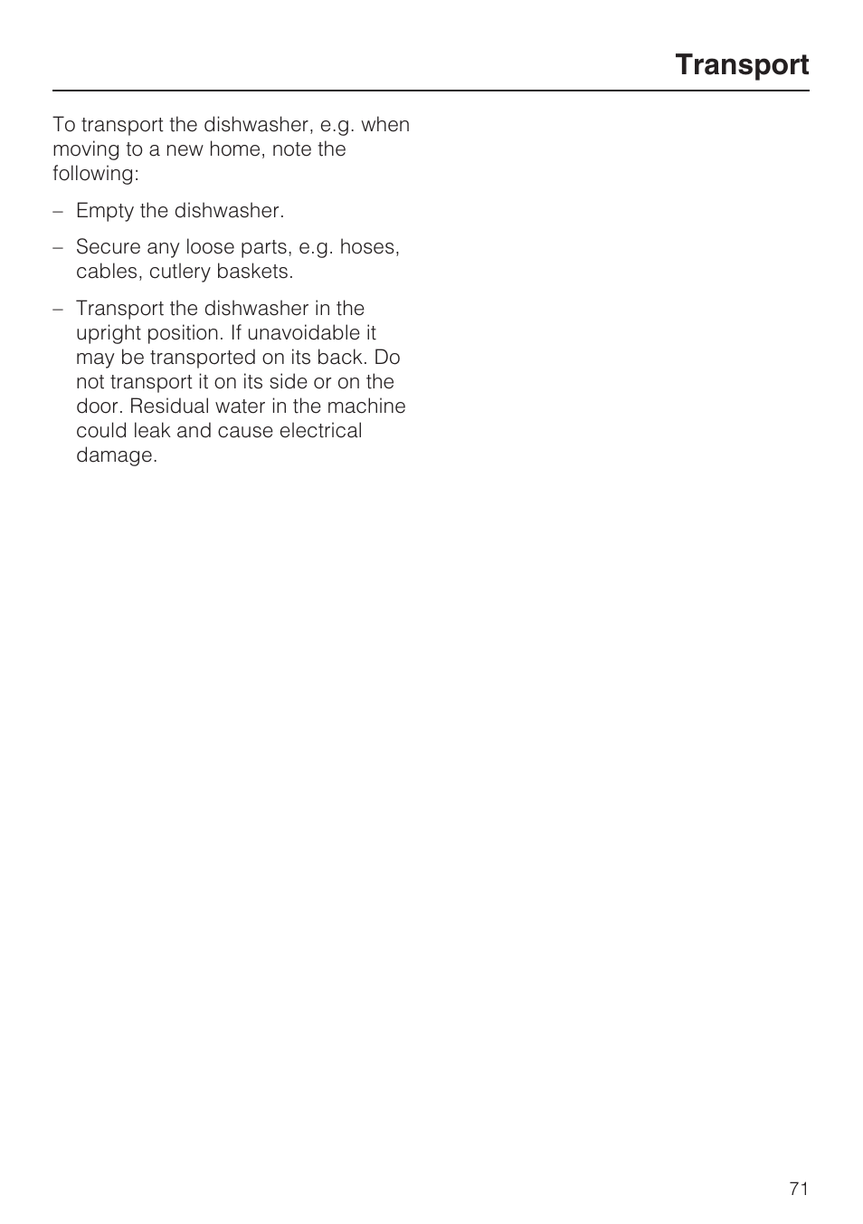 Transport 71, Transport | Miele G 5915 User Manual | Page 71 / 86