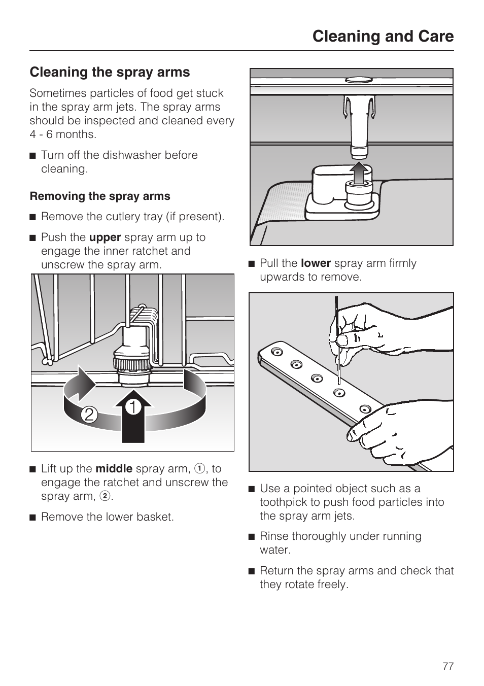 Cleaning and care, Cleaning the spray arms | Miele G 5915 User Manual | Page 77 / 86