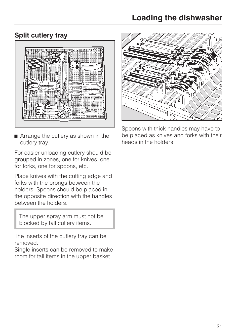 Split cutlery tray 21, Loading the dishwasher, Split cutlery tray | Miele G 2832 User Manual | Page 21 / 80