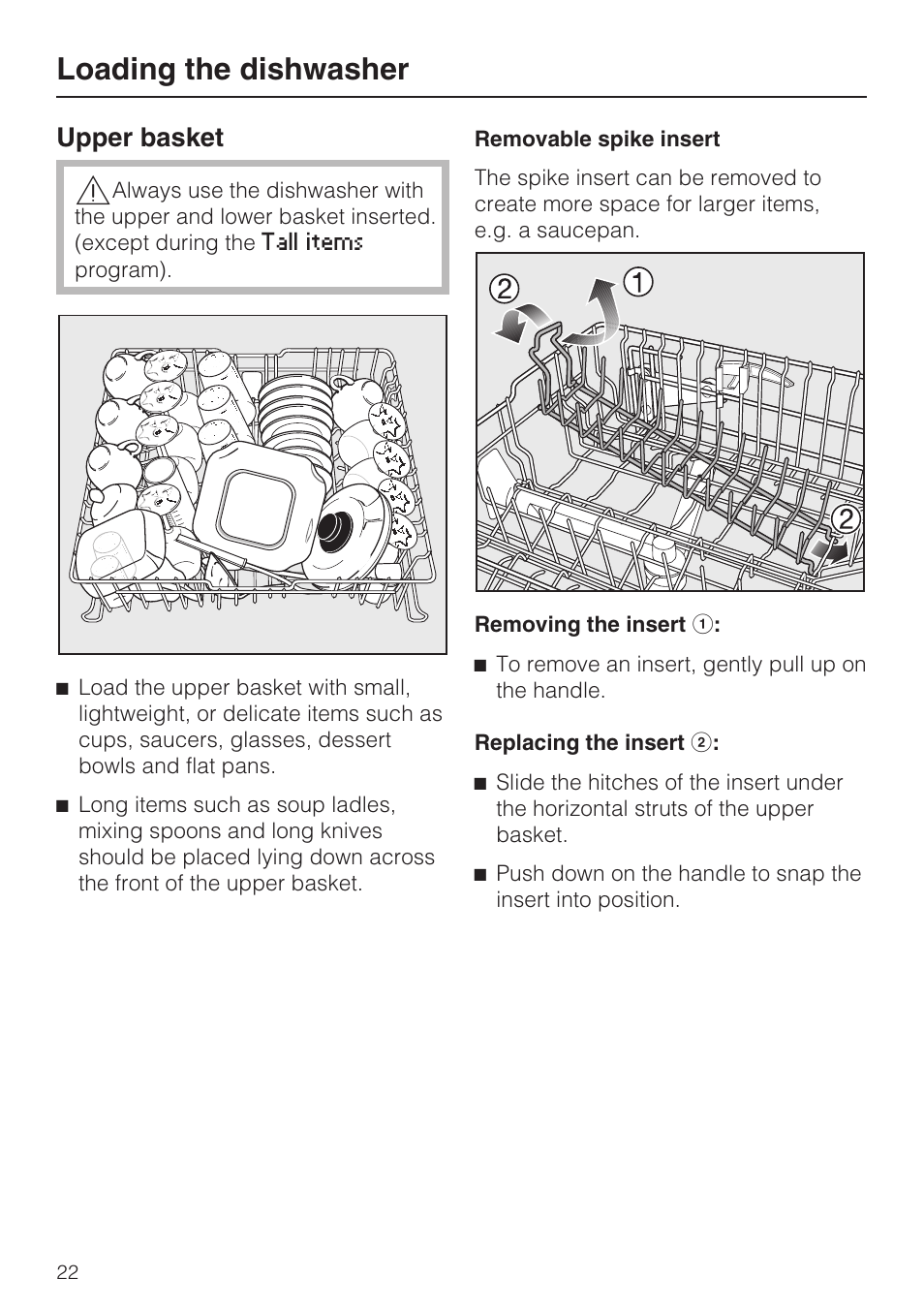 Upper basket 22, Loading the dishwasher, Upper basket | Miele G 2832 User Manual | Page 22 / 80