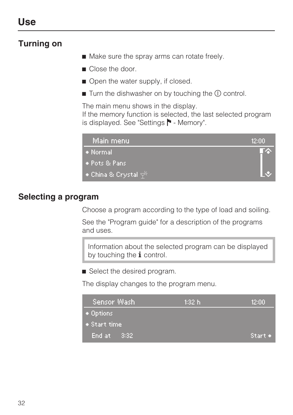 Turning on, Selecting a program | Miele G 2832 User Manual | Page 32 / 80