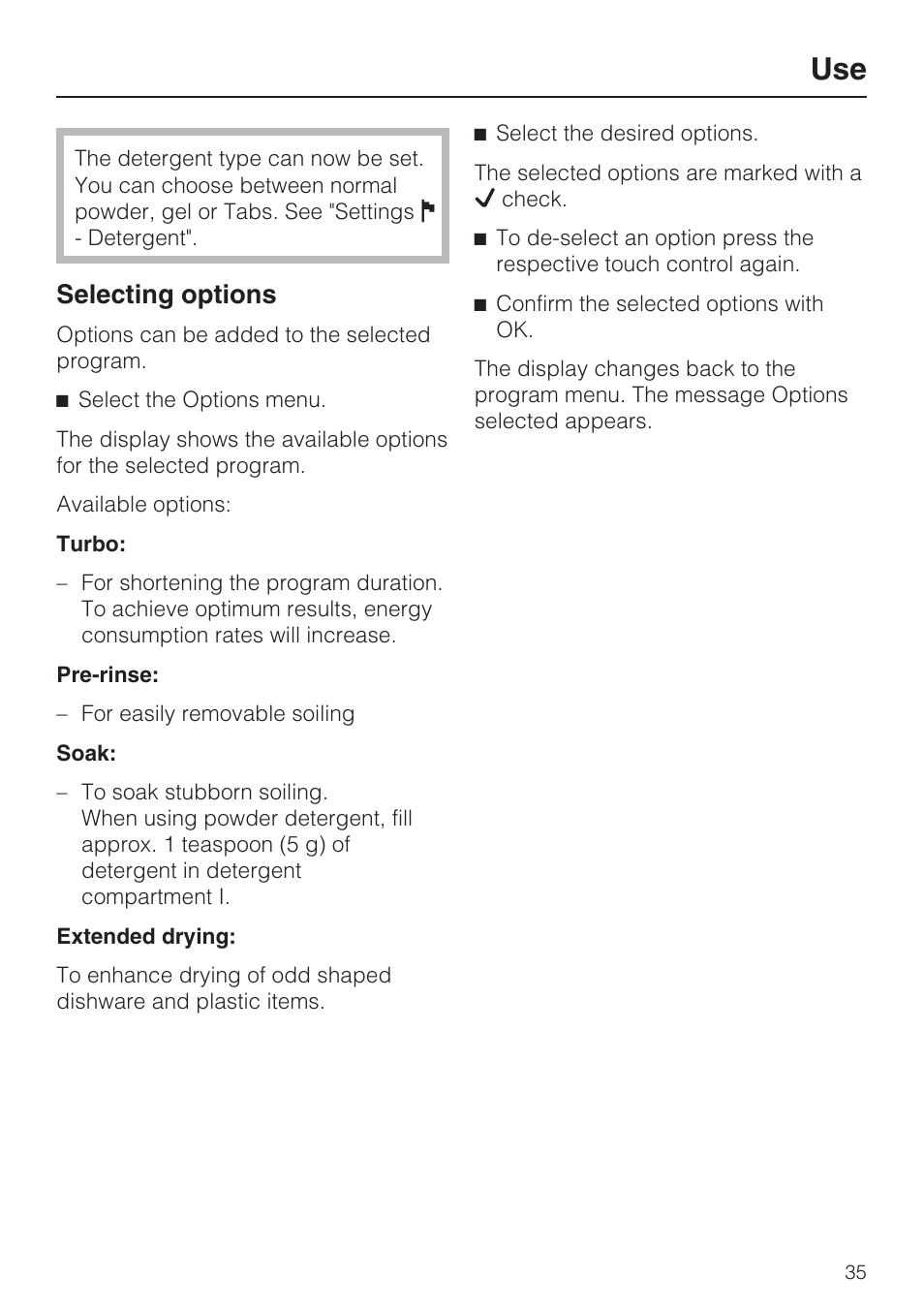Use 35, Selecting options 35, Selecting options | Miele G 2832 User Manual | Page 35 / 80