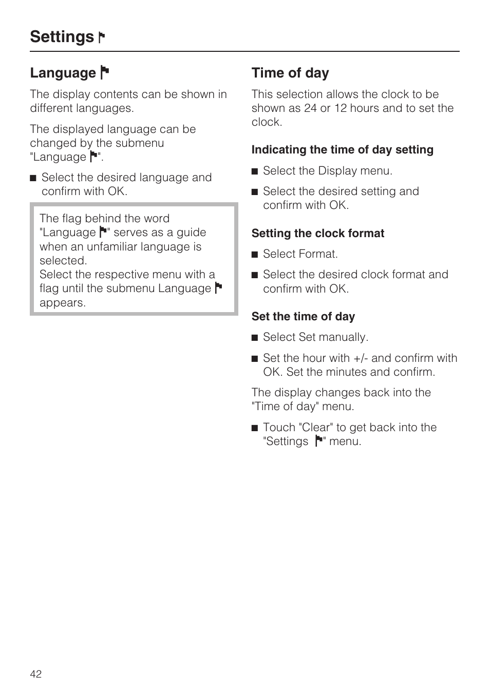 Settings, Language j, Time of day | Miele G 2832 User Manual | Page 42 / 80
