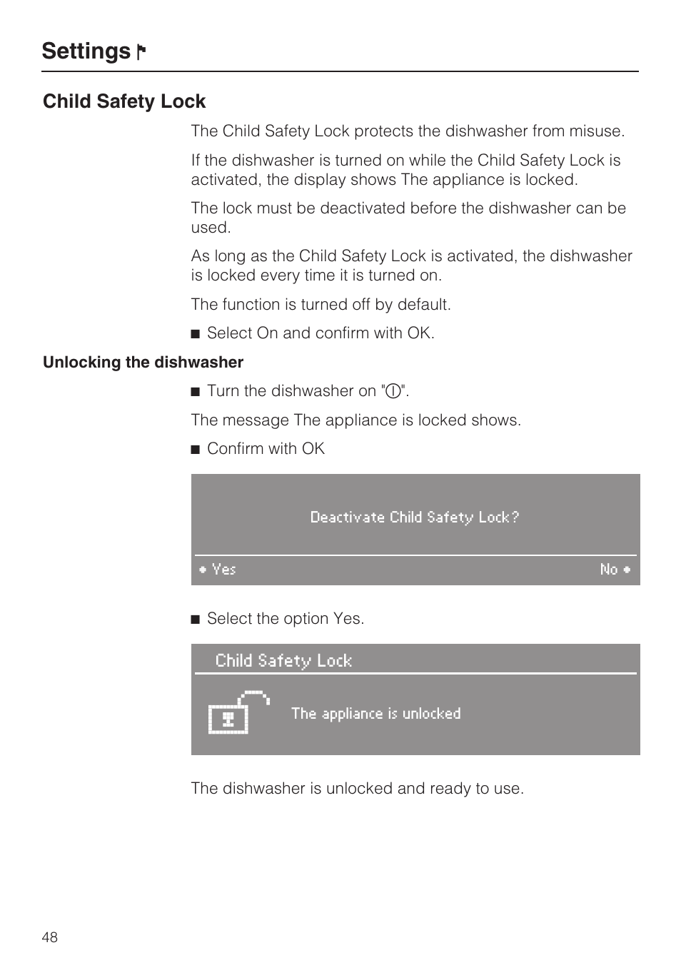 Settings, Child safety lock | Miele G 2832 User Manual | Page 48 / 80