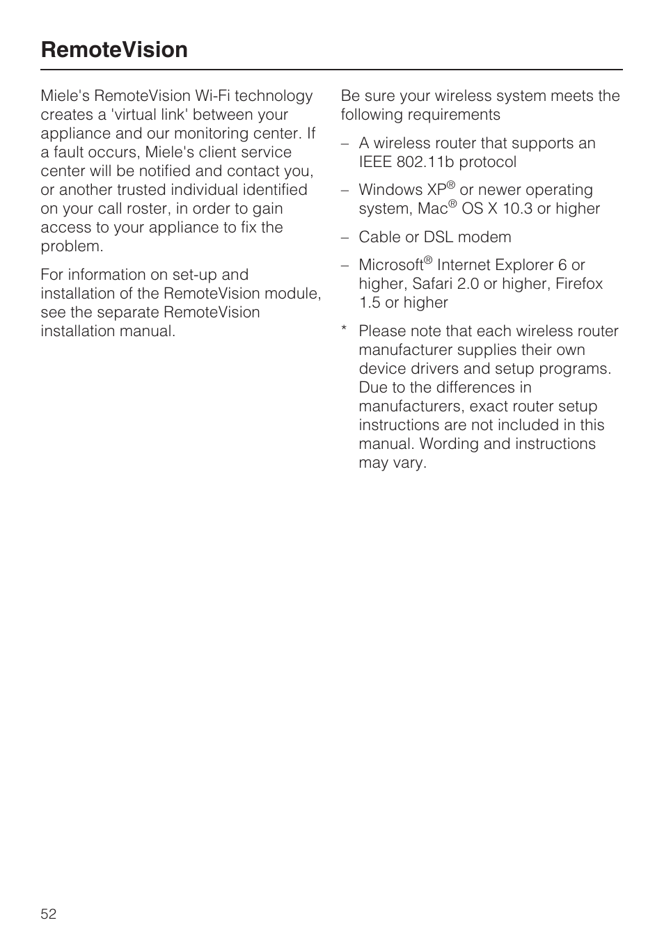 Remotevision 52, Remotevision | Miele G 2832 User Manual | Page 52 / 80